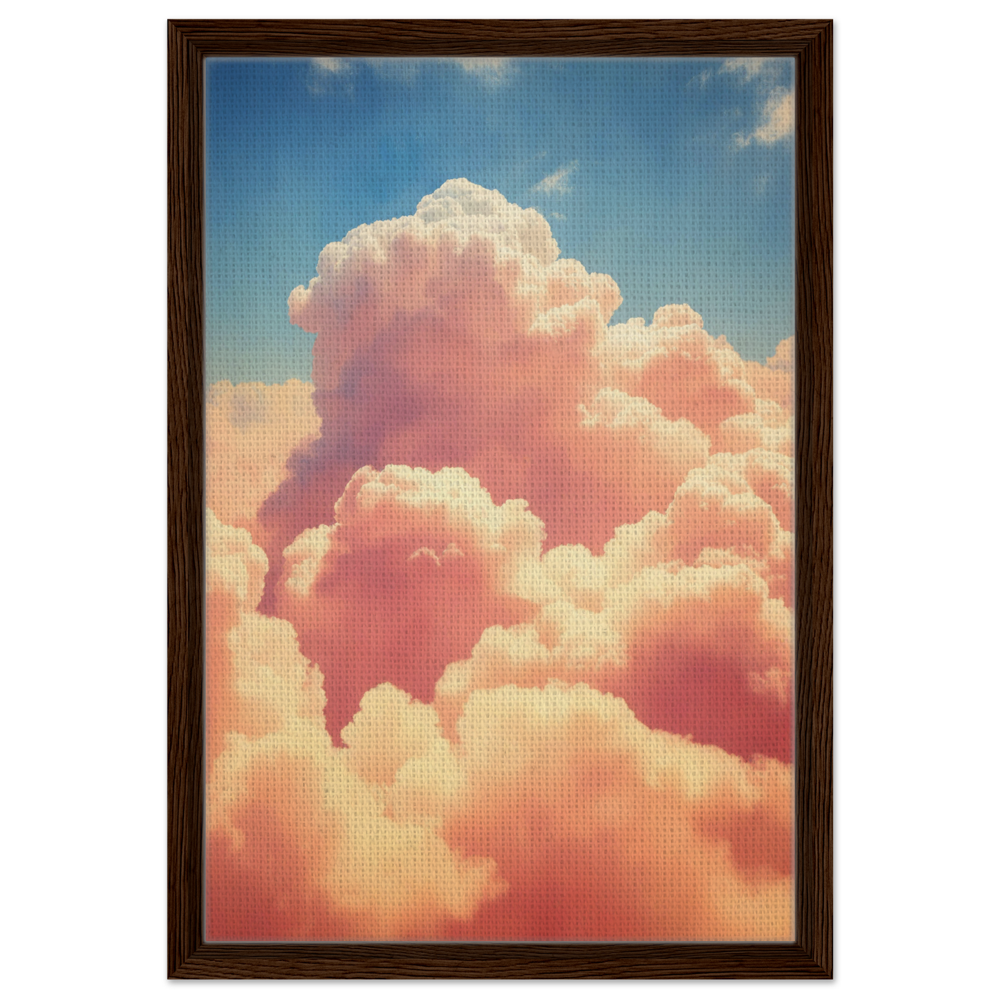Fluffy pink cloud formation in a blue sky for Exquisitions Ecstatic Sky framed canvas print