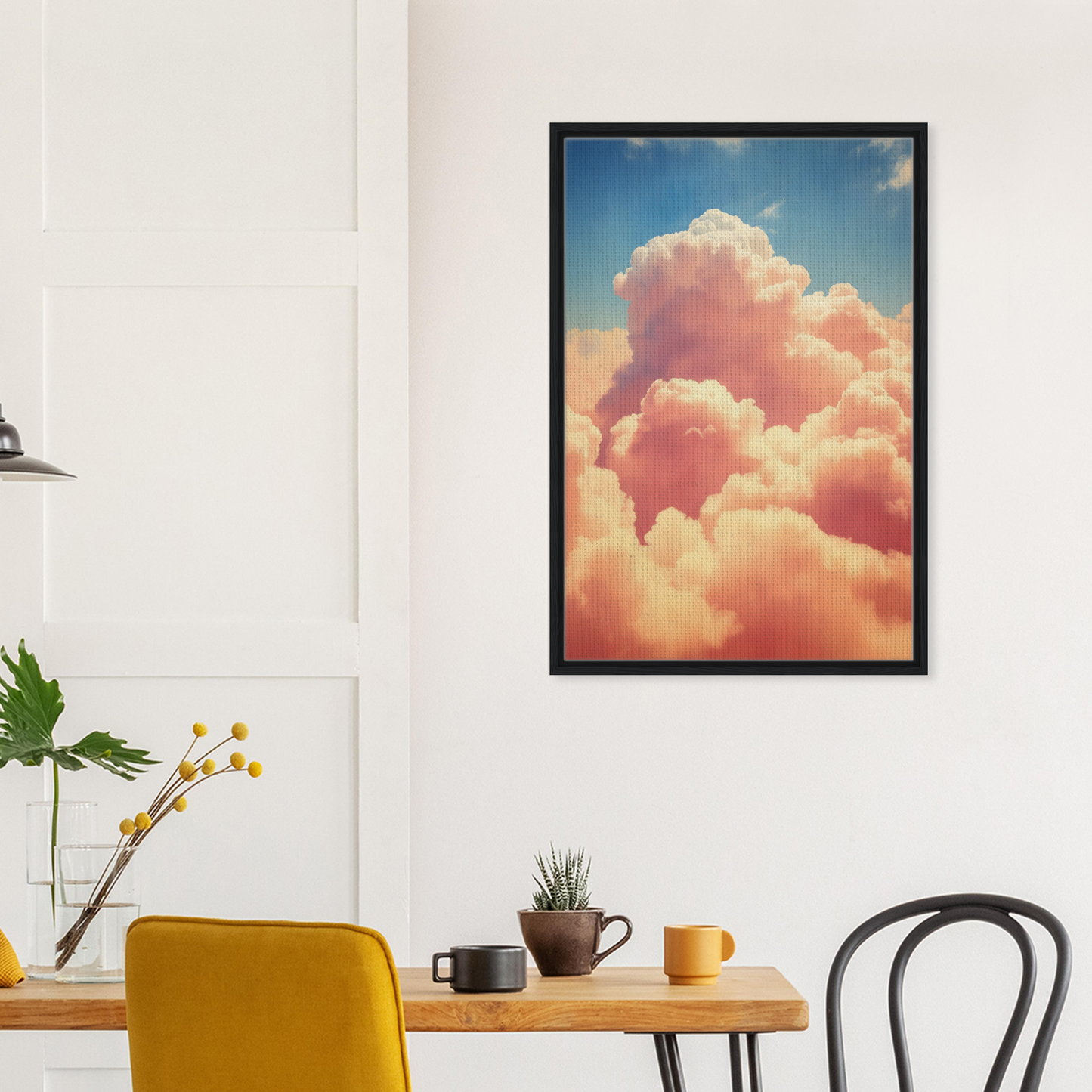 Framed canvas print of fluffy pink clouds in an Exquisitions Ecstatic Sky design