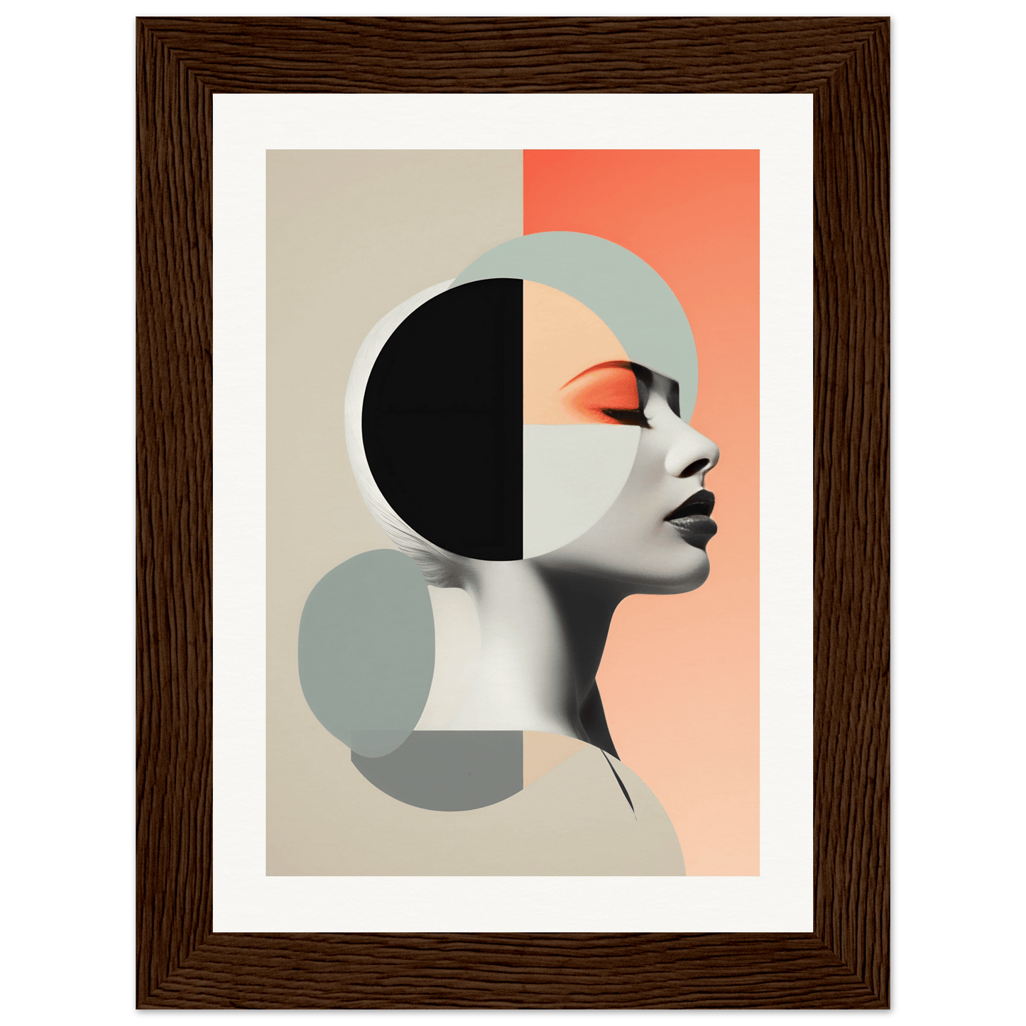 Abstract portrait featuring geometric shapes and a stylized profile against a color-blocked background.