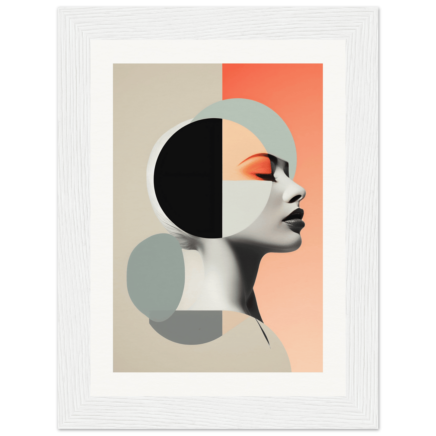 Abstract portrait featuring geometric shapes and a stylized profile against a color-blocked background.