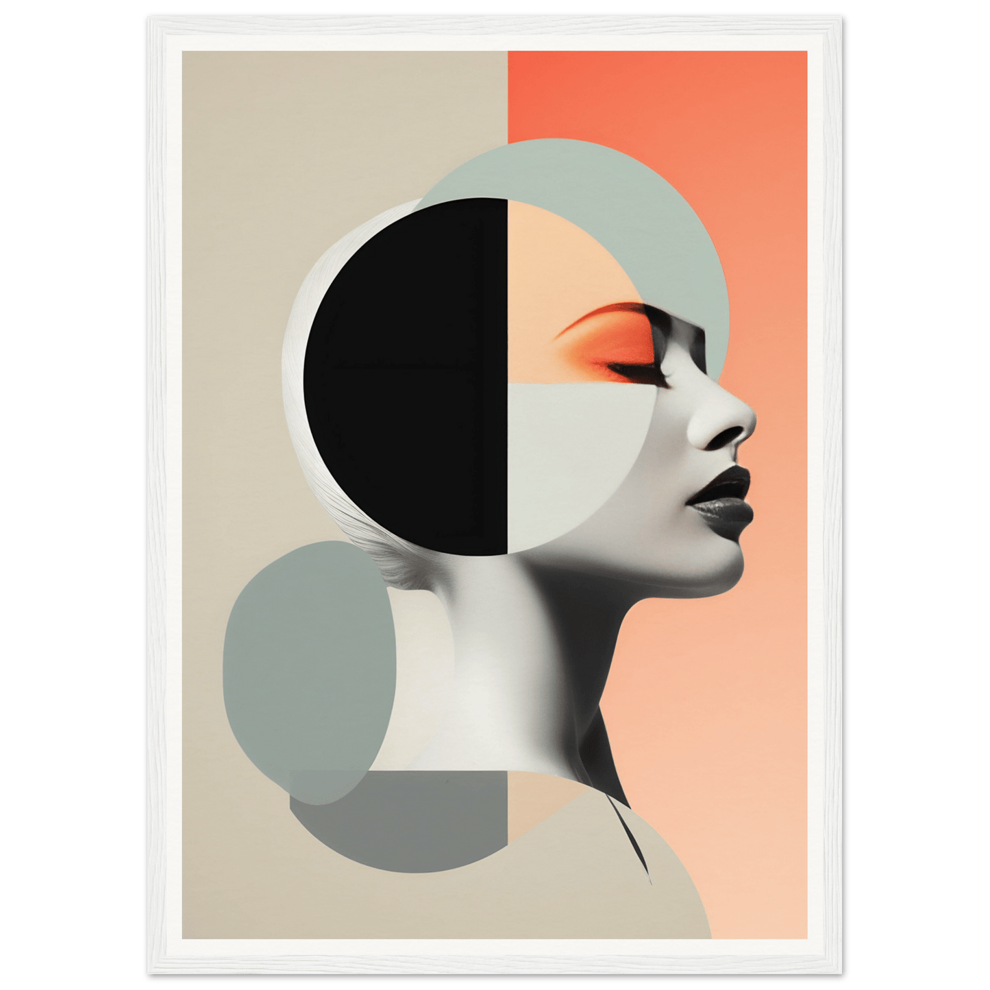 Stylized profile portrait of a woman’s face incorporating geometric shapes and a muted color palette.