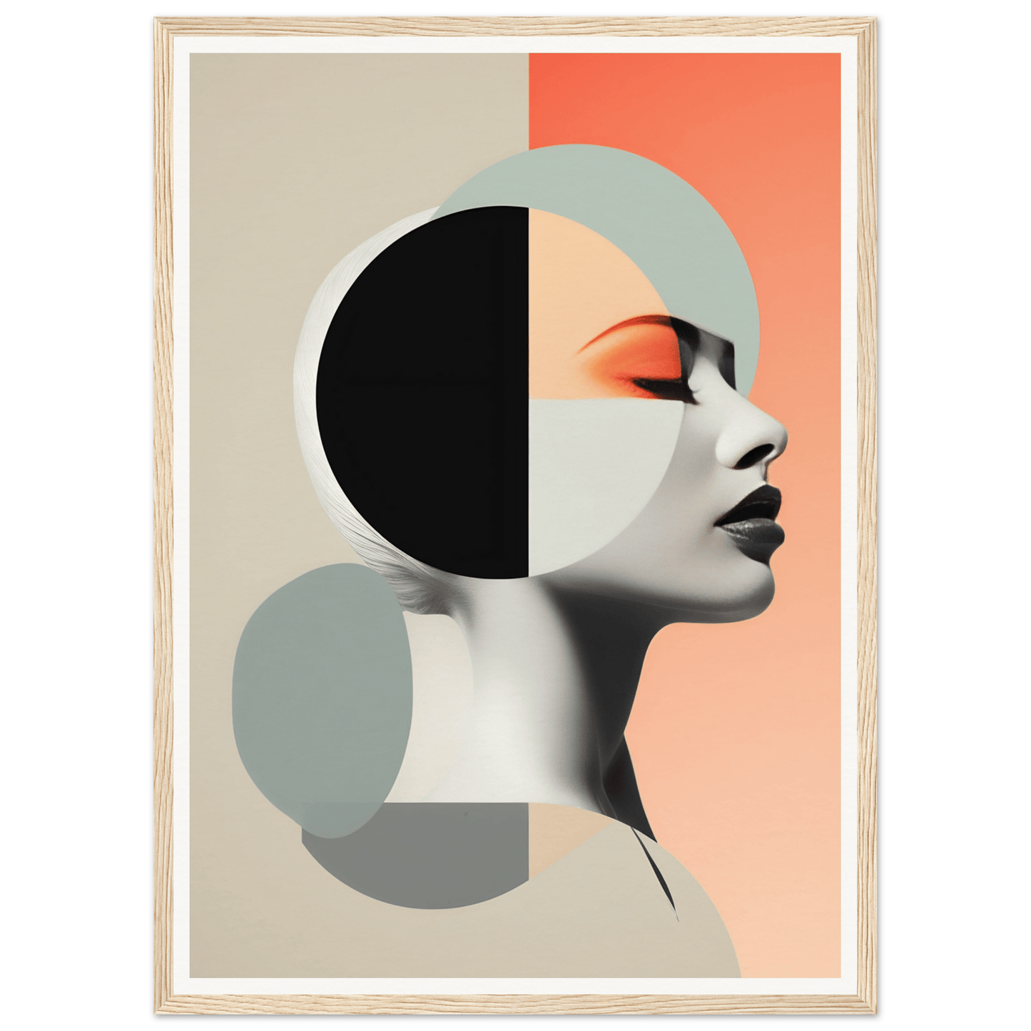 Stylized portrait of a woman’s profile with geometric shapes and color blocks.