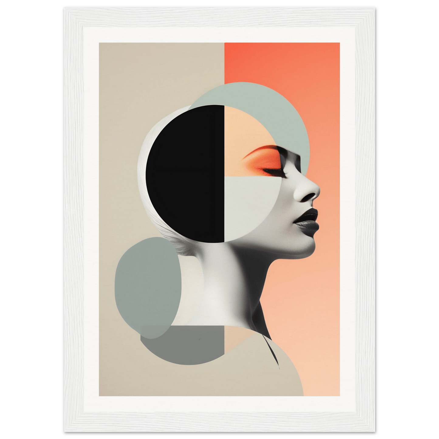 Stylized profile portrait of a person’s face and neck incorporating geometric shapes and color blocks.