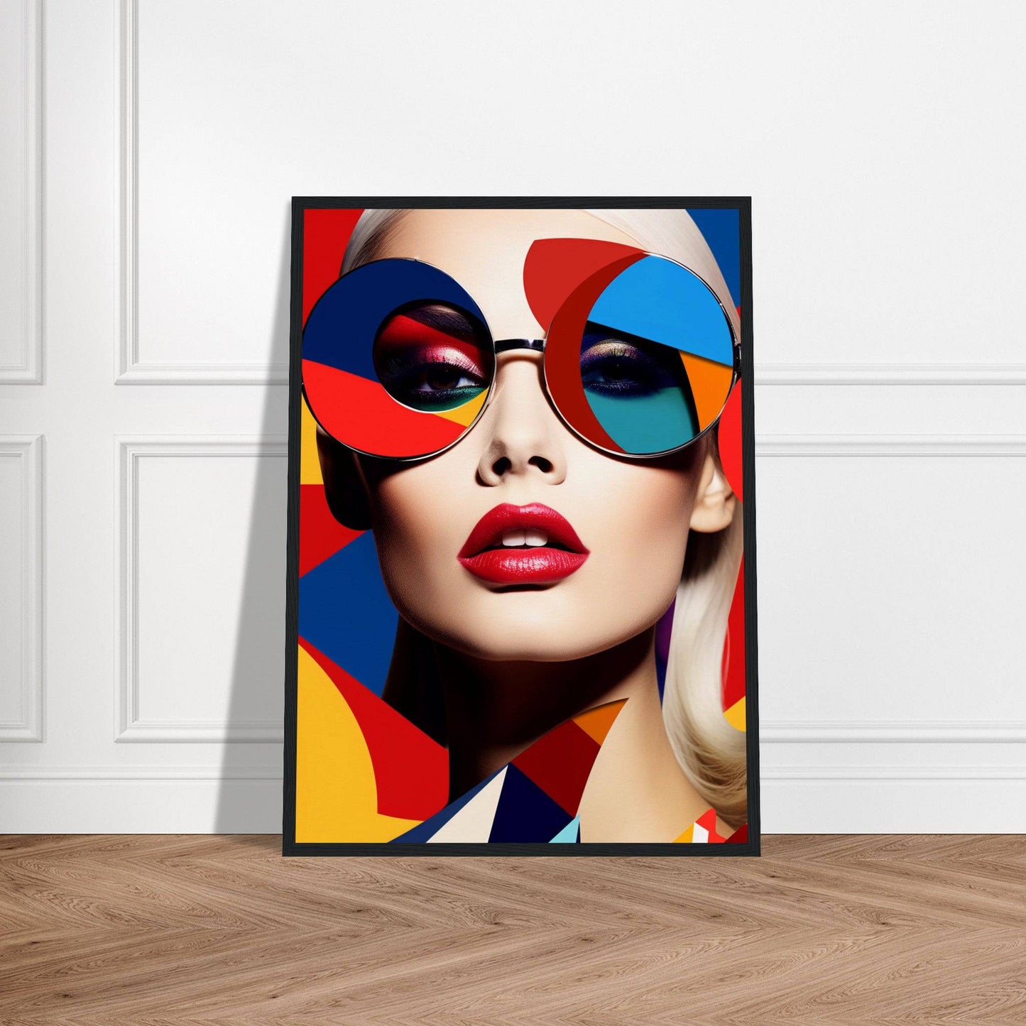 Framed pop art-style portrait featuring a woman with colorful geometric sunglasses and bright red lips.