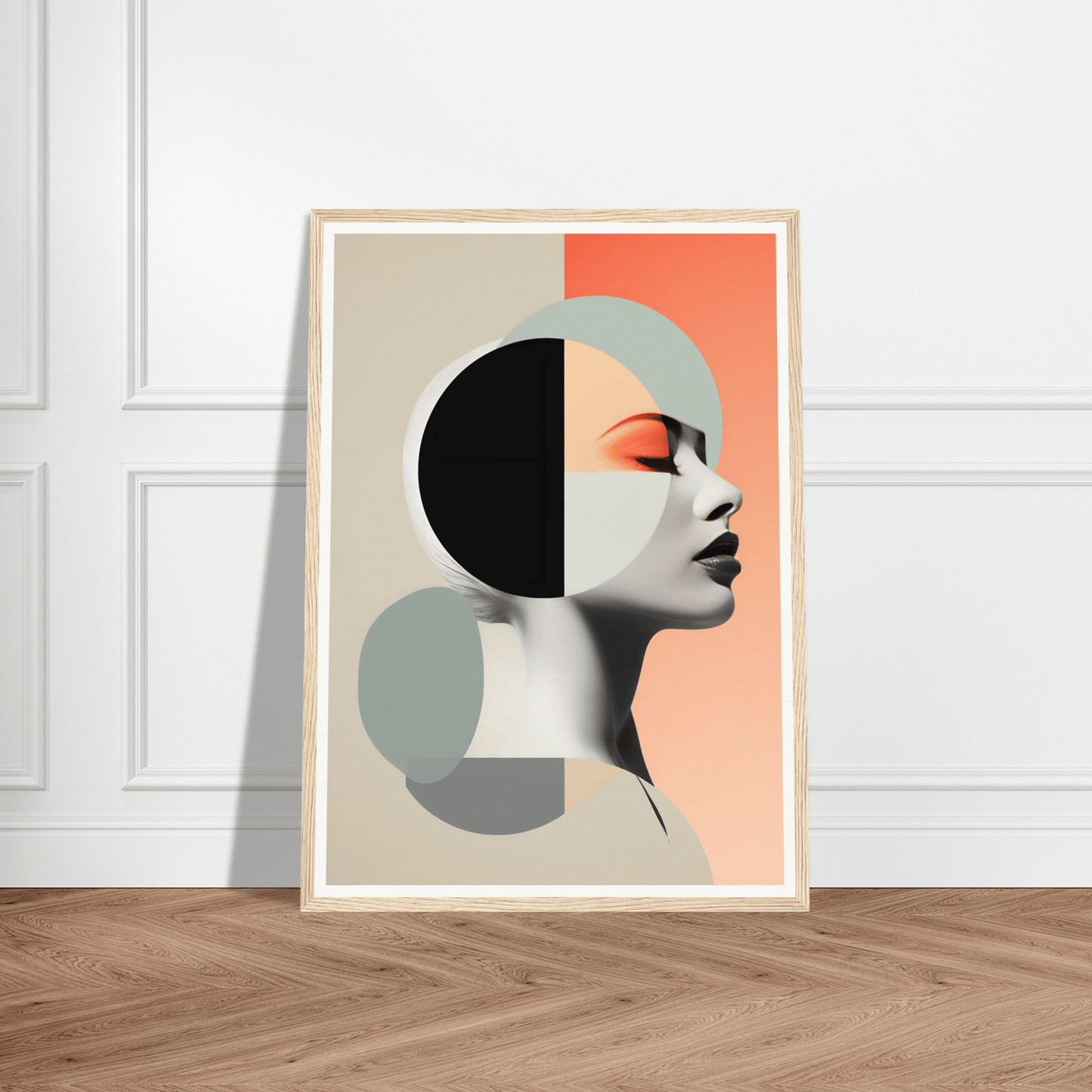 Abstract portrait artwork featuring geometric shapes and a stylized profile.