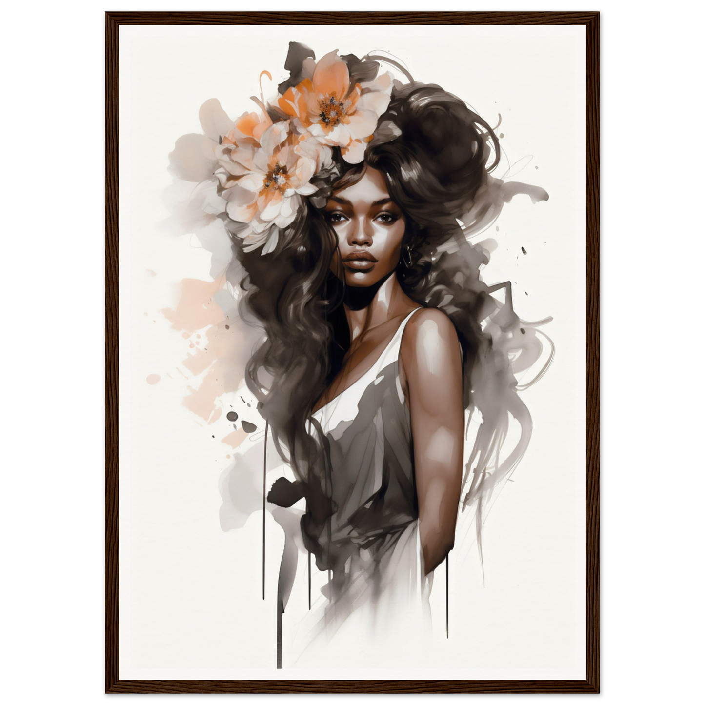 Artistic portrait of a woman with flowing dark hair adorned with large floral elements.