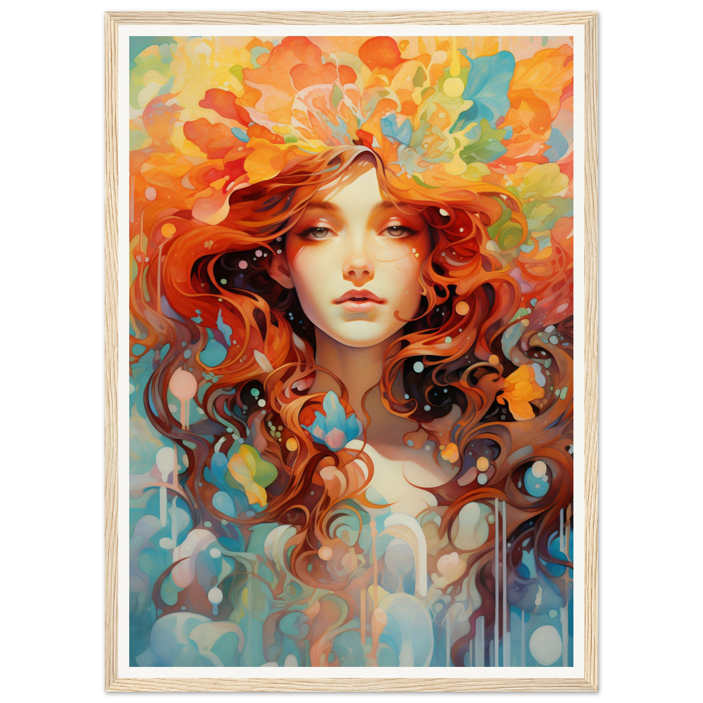 Colorful portrait painting of a young woman with flowing red hair surrounded by abstract floral elements.