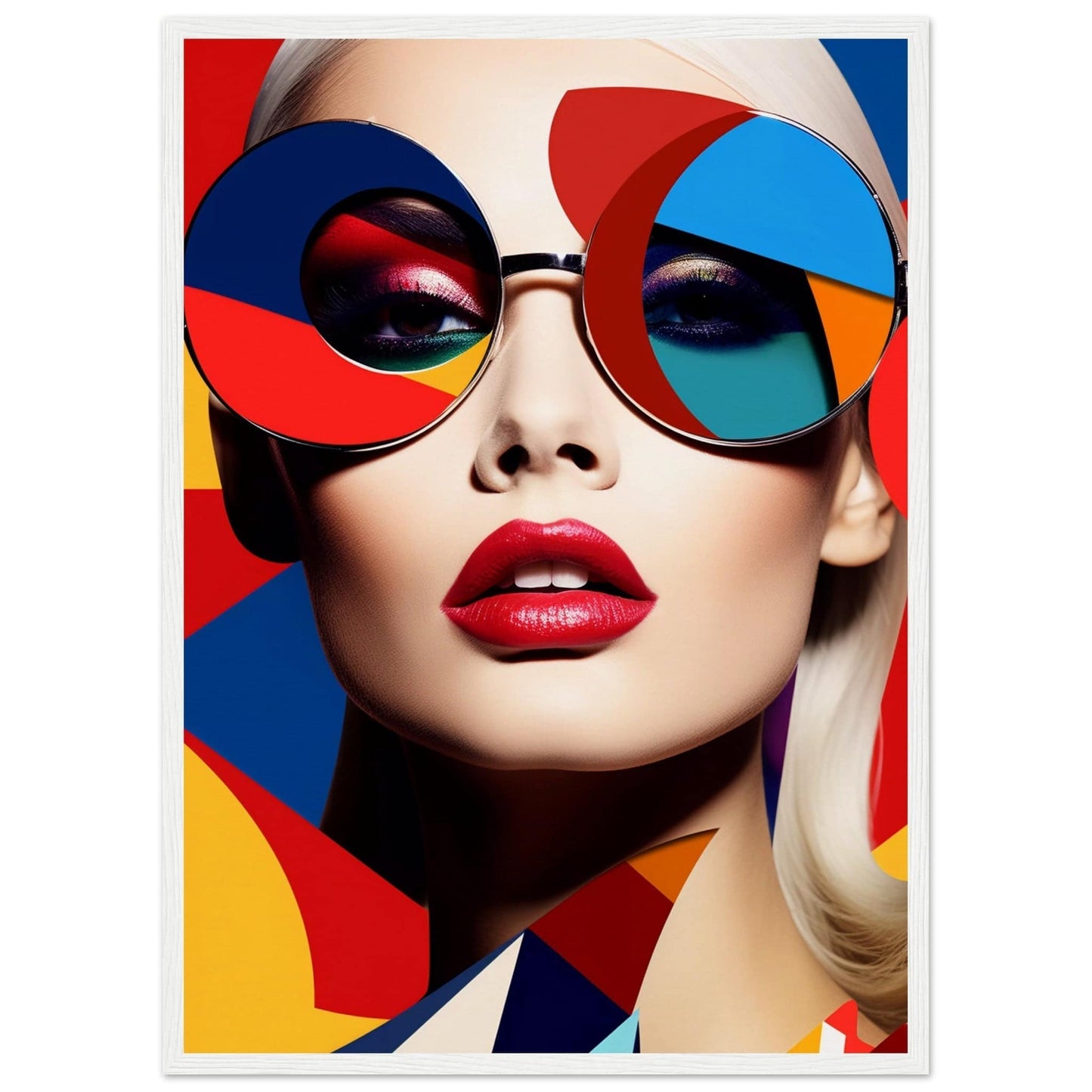 Colorful portrait featuring a woman wearing vibrant geometric sunglasses and bright red lipstick.