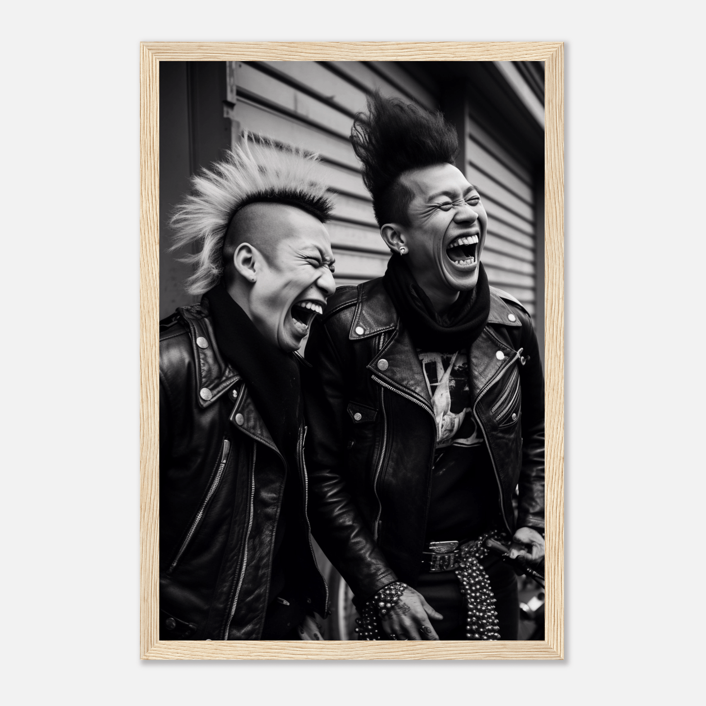 Black and white photograph of two punk rockers laughing exuberantly.
