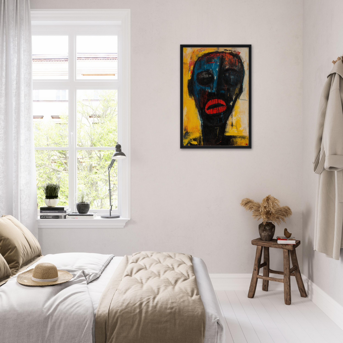 Bright abstract portrait painting of a dark face on yellow background from Face’s Psyche Palette