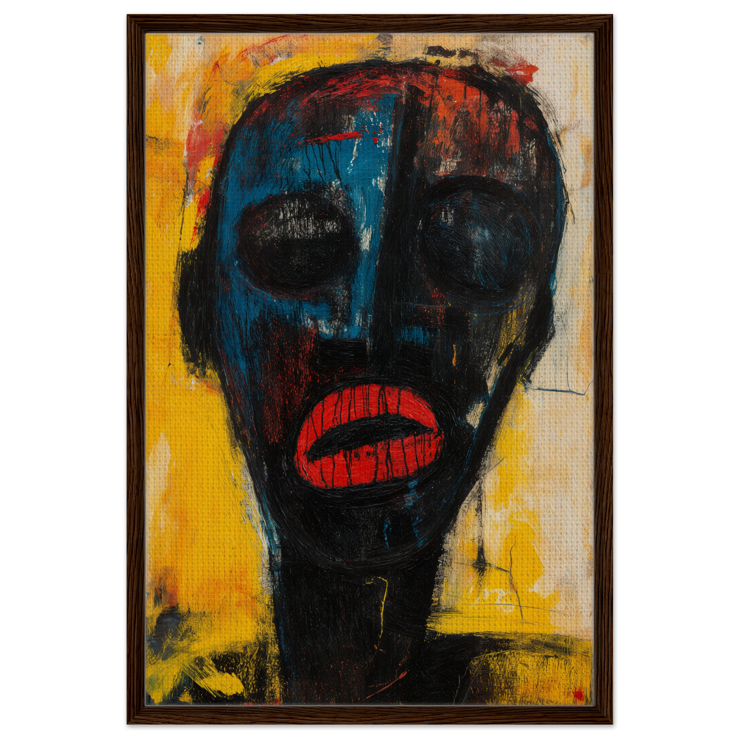 Abstract portrait of a dark face with red lips on yellow, showcasing Face’s Psyche Palette