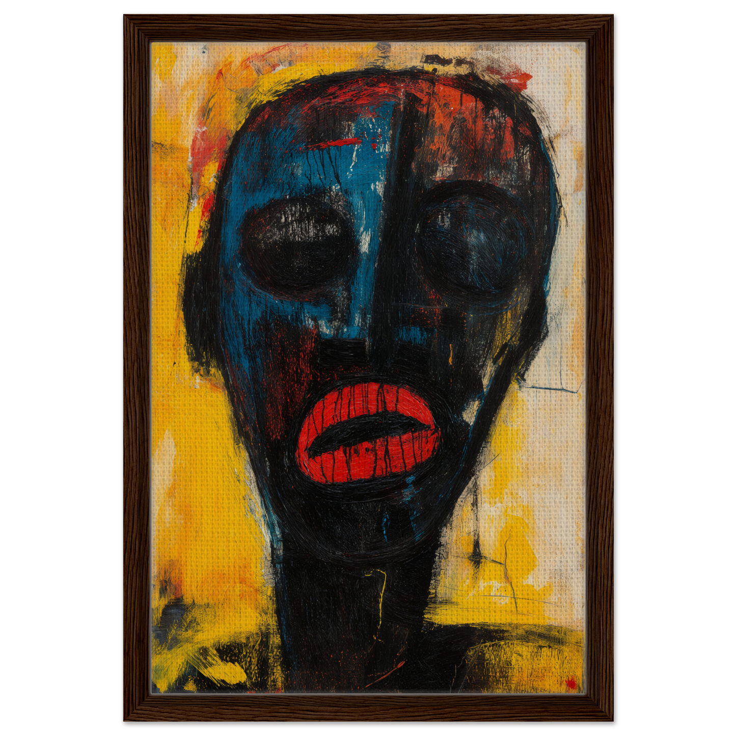 Abstract portrait of a dark face with red lips on yellow, part of Face’s Psyche Palette