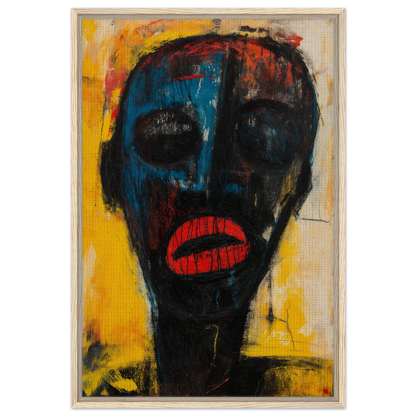 Abstract portrait of a dark face with red lips highlighting Face’s Psyche Palette for room decor