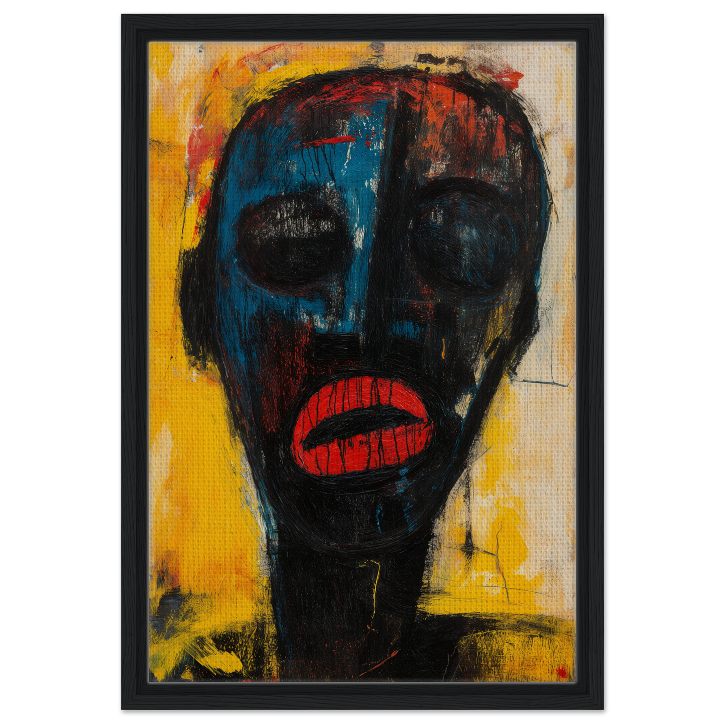 Abstract portrait of a face with dark features and red lips for Face’s Psyche Palette