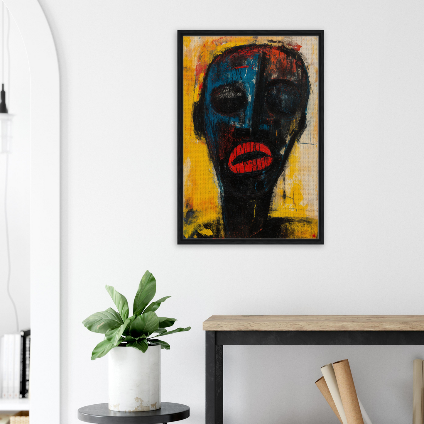 Abstract portrait painting of a dark face with red lips in Face’s Psyche Palette