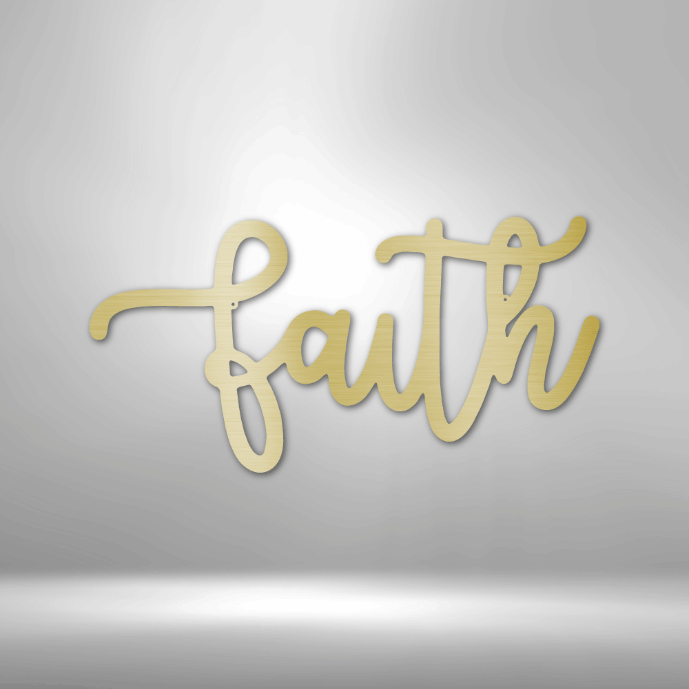 Cursive wooden or metal cutout of the word ’faith’ in a pale yellow color.