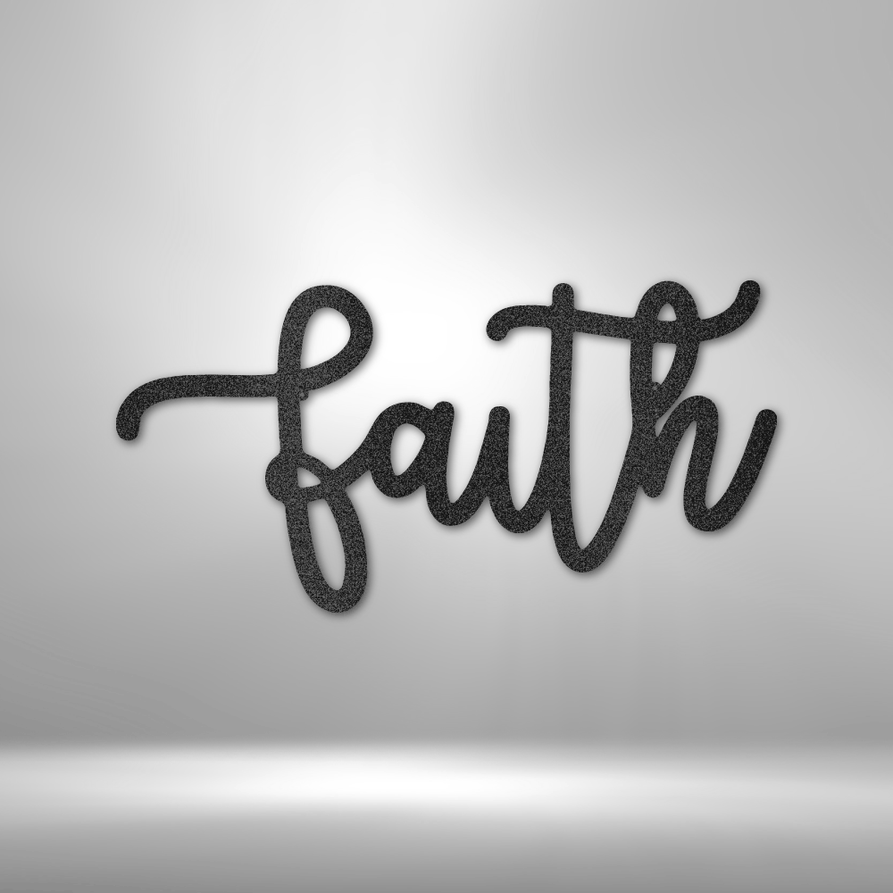 Cursive text spelling out the word ’faith’ in a dark, flowing script.