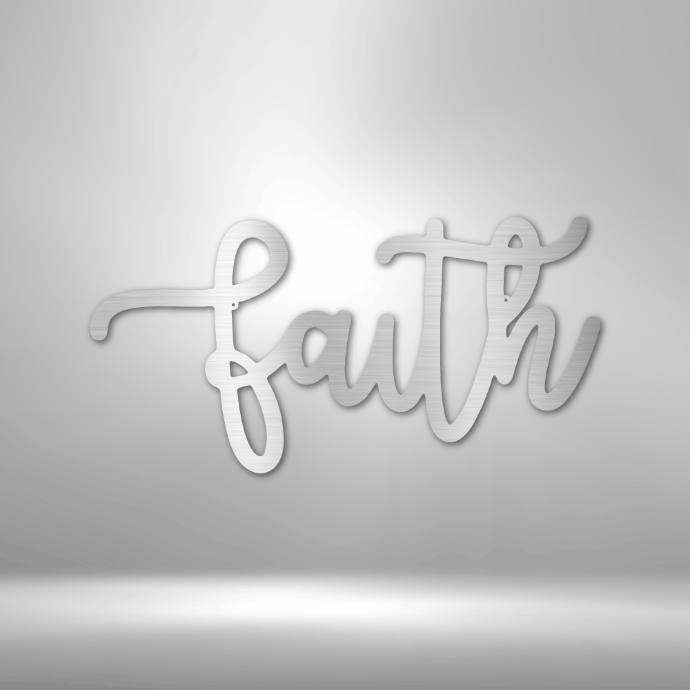 Cursive white text spelling out ’faith’ in a 3D sculptural style.