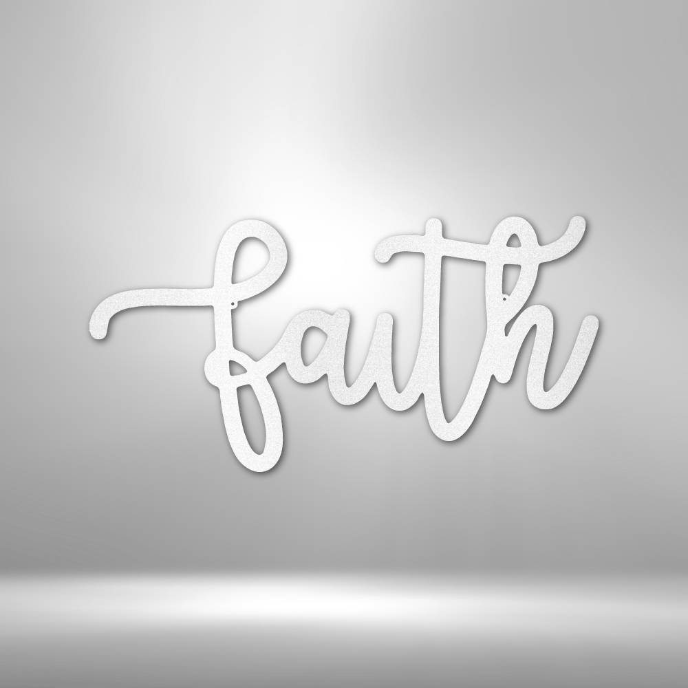 Cursive white text spelling out the word ’faith’ in a stylized, flowing script.