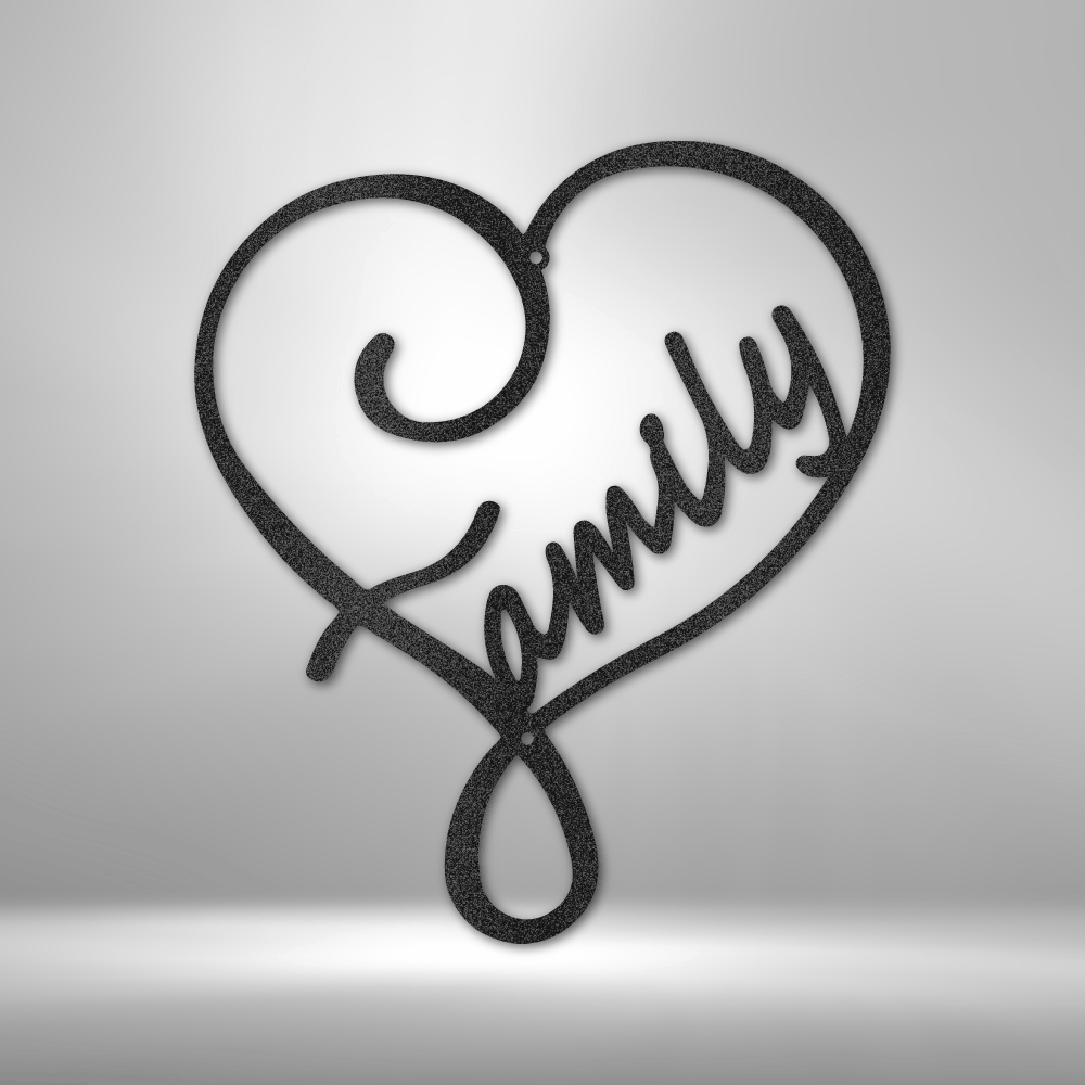 Heart-shaped calligraphy design spelling out ’Family’ in cursive script.