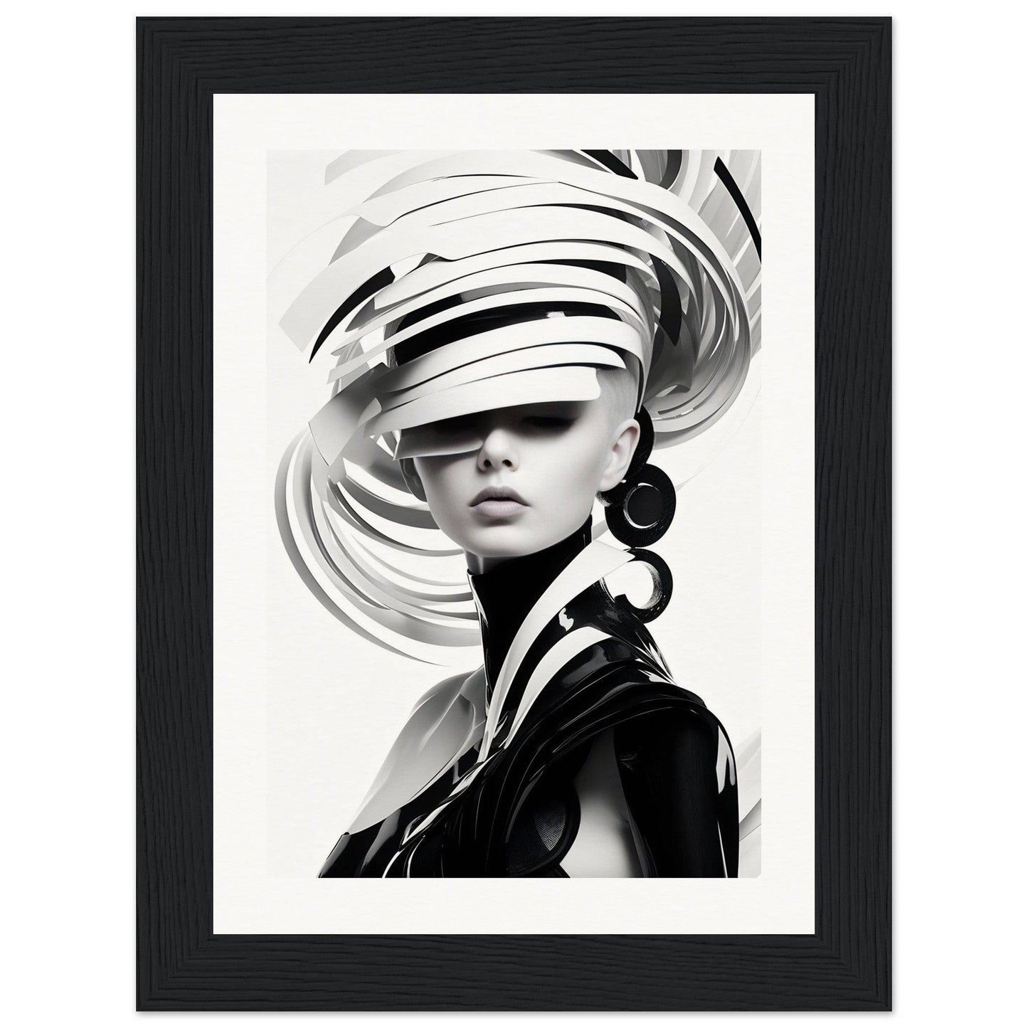 Striking black and white portrait of a person wearing an avant-garde spiral headpiece.