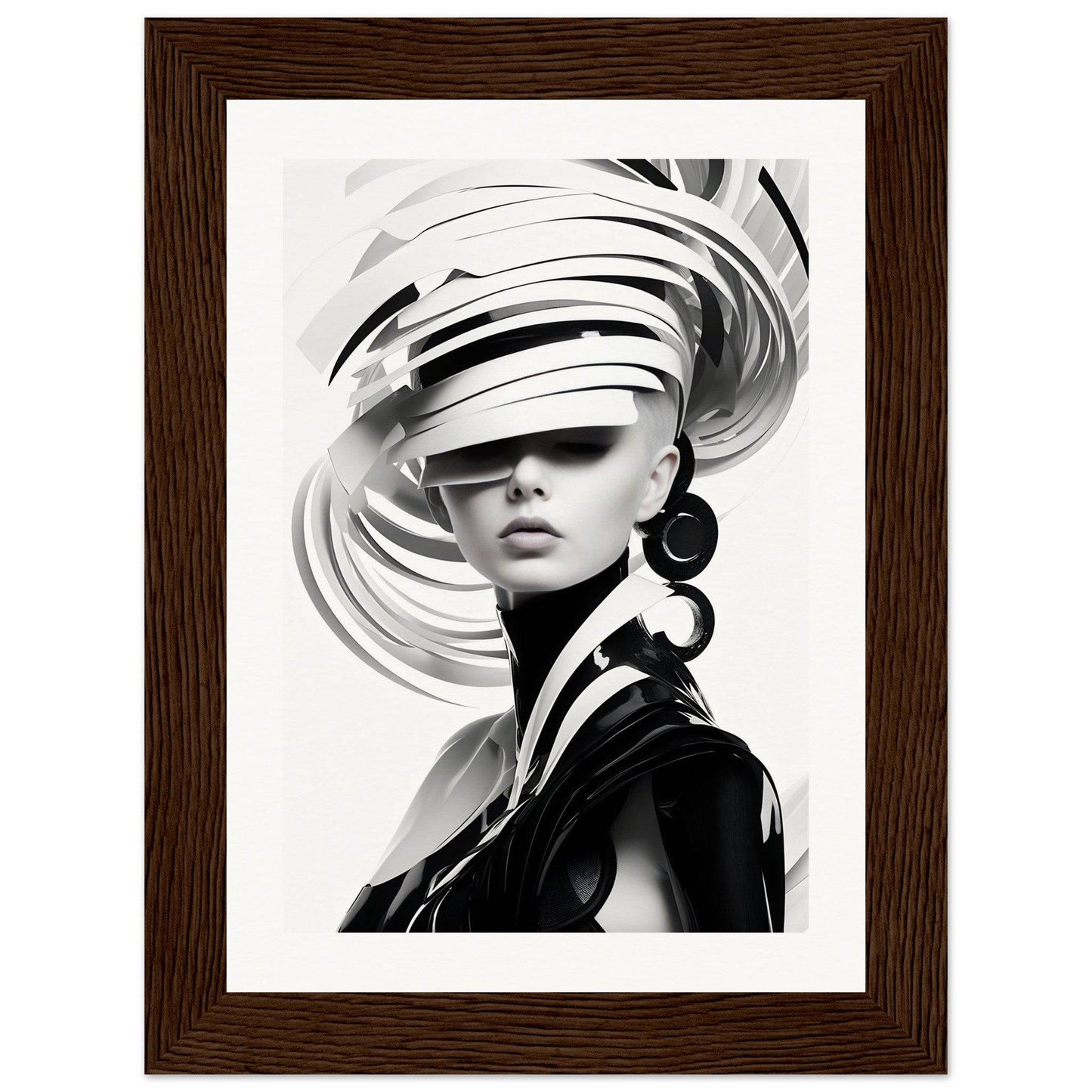 Striking black and white portrait of a woman wearing an avant-garde spiral hat.