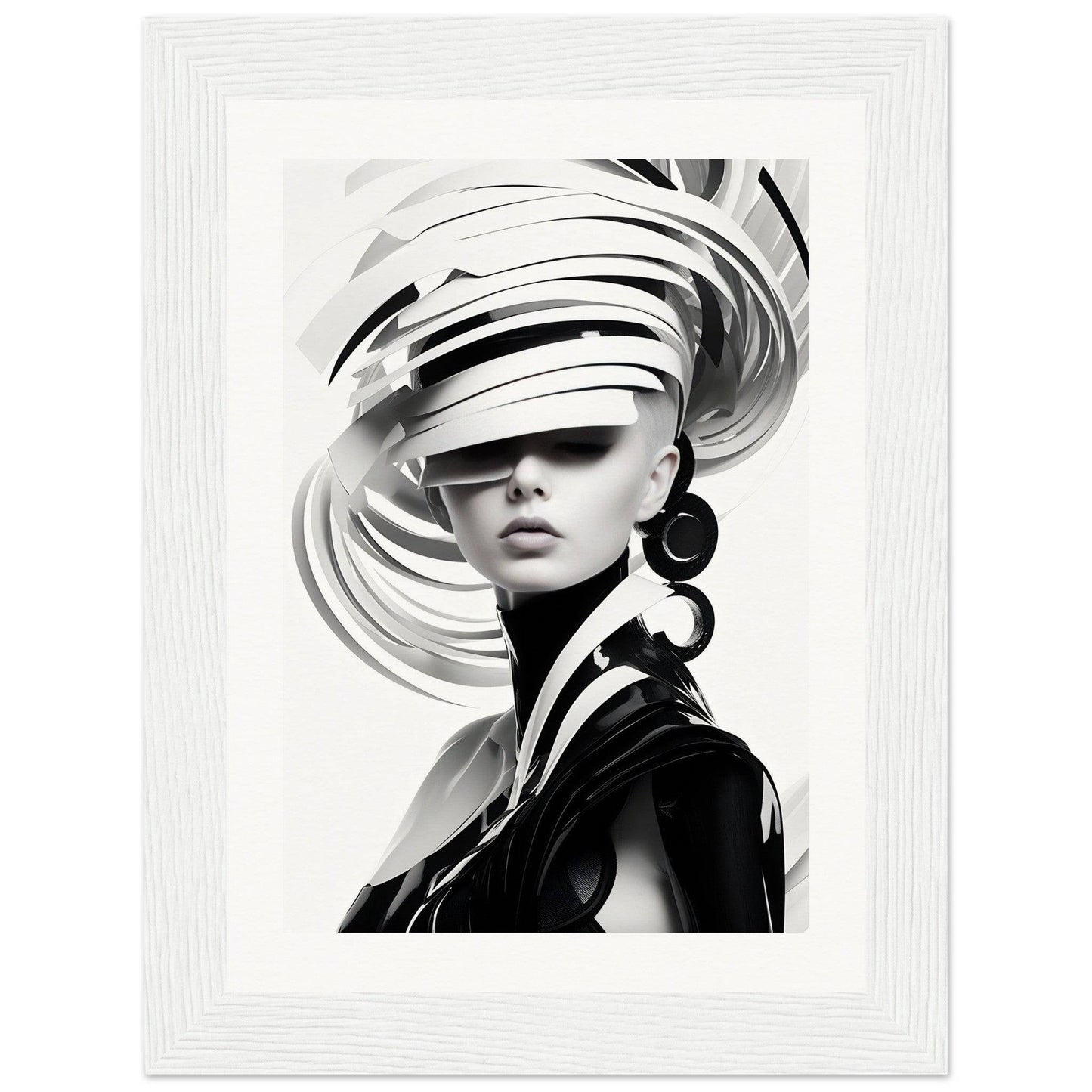 Striking black and white portrait featuring a person wearing an elaborate swirling hat or headpiece.
