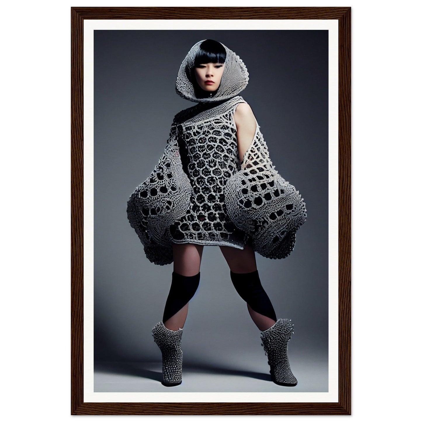Avant-garde fashion ensemble featuring a honeycomb-patterned dress with exaggerated sculptural elements and matching accessories.