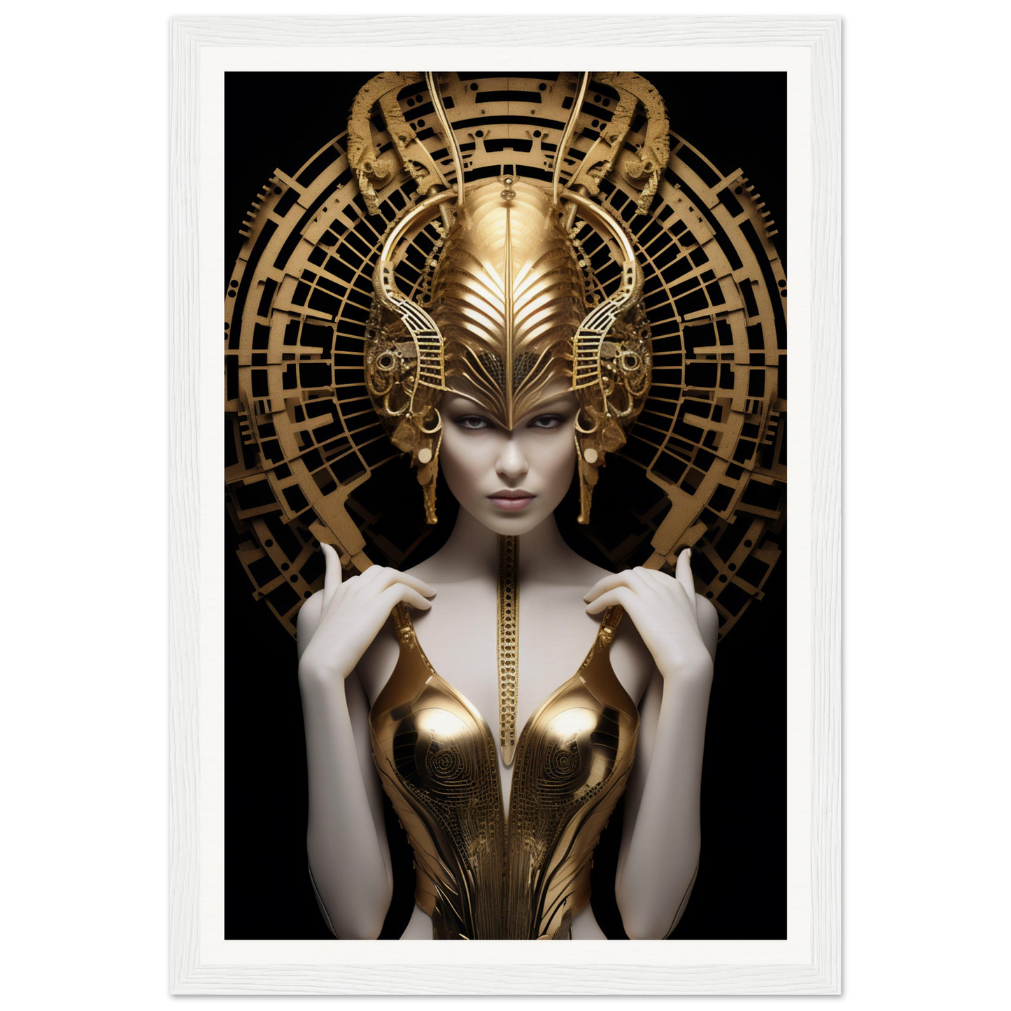 Futuristic figure wearing an elaborate golden headdress and metallic bodice.