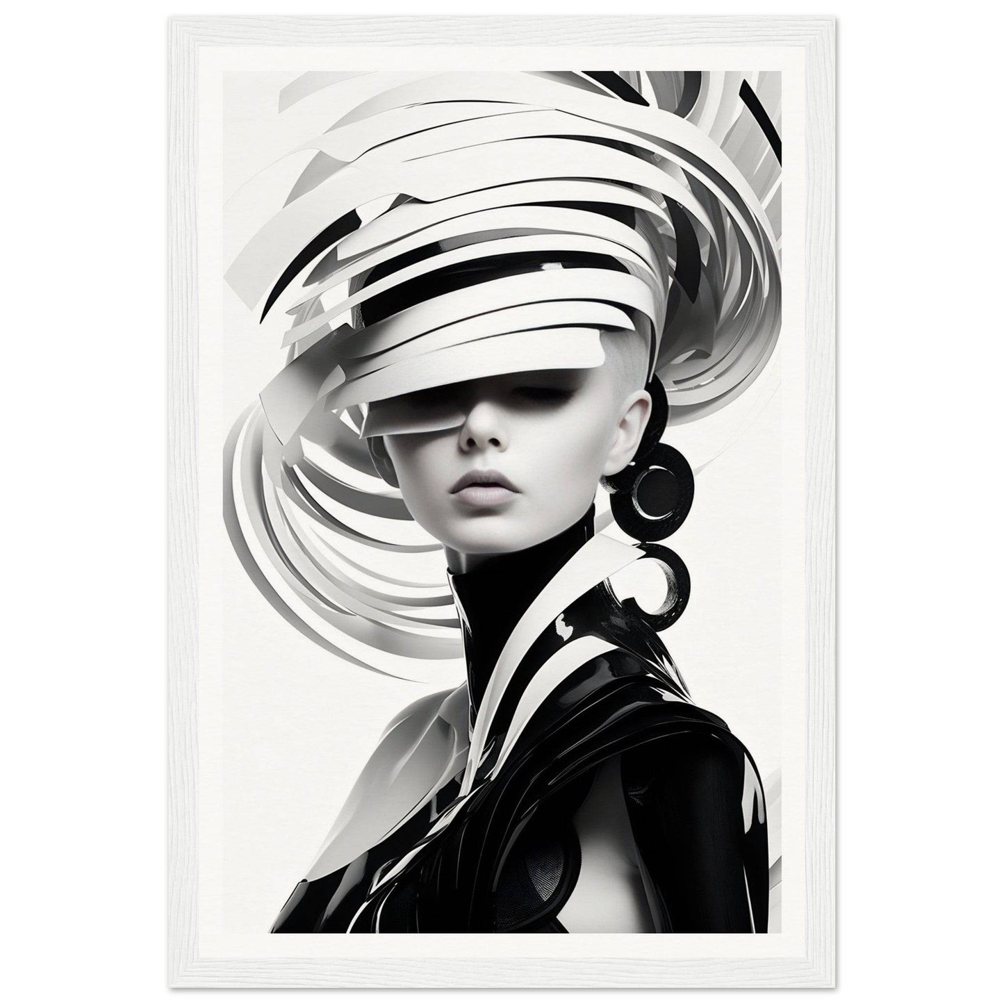 Striking black and white portrait featuring a person wearing an elaborate, swirling headdress that obscures their eyes.