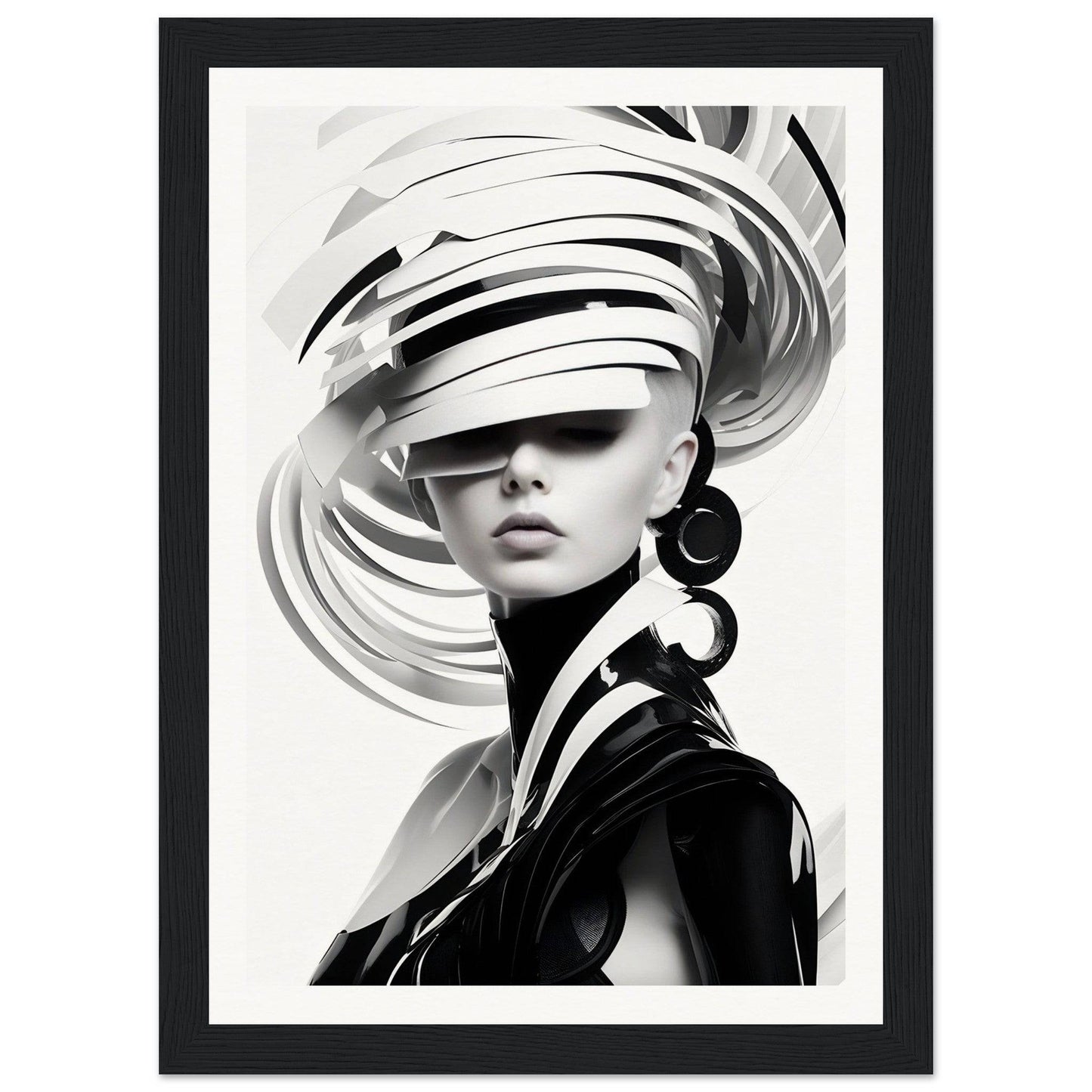 Stylized black and white portrait of a person wearing an elaborate swirling hat and large hoop earrings.