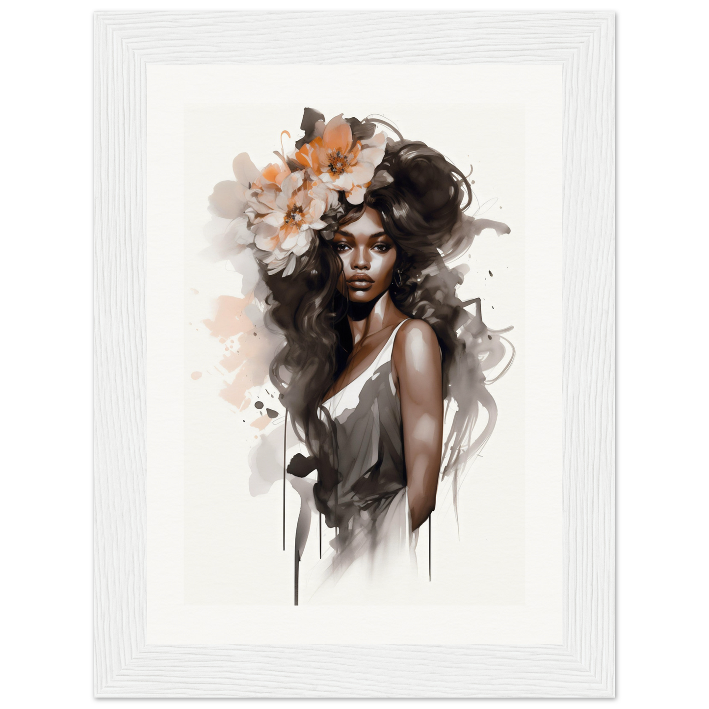 Artistic portrait of a woman with flowers in her hair, rendered in a watercolor-like style.