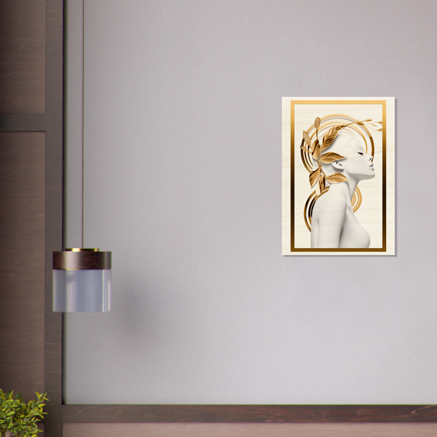 Framed artwork depicting a stylized female figure with golden abstract elements.