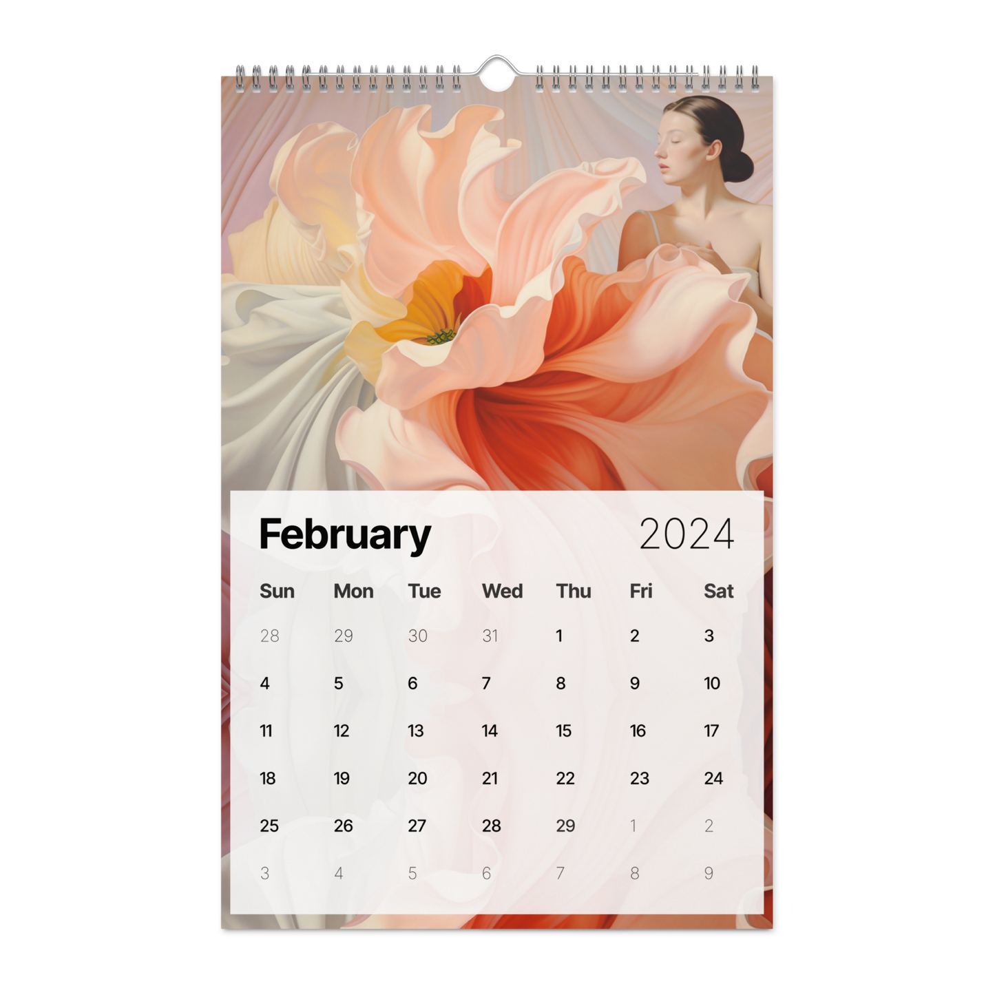 Wall calendar for February 2024 featuring an artistic floral design.