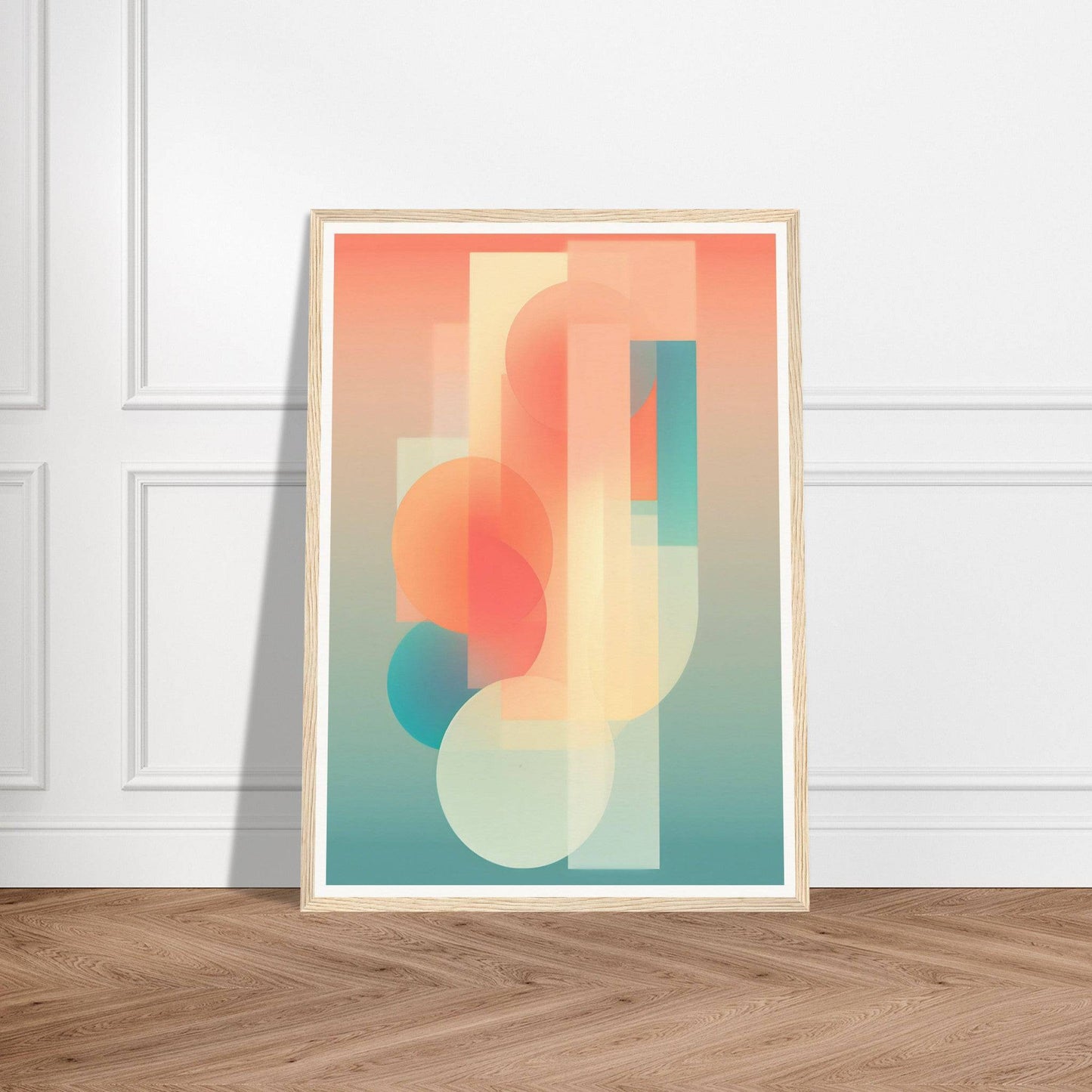 Abstract geometric art print featuring soft pastel shapes and gradients.