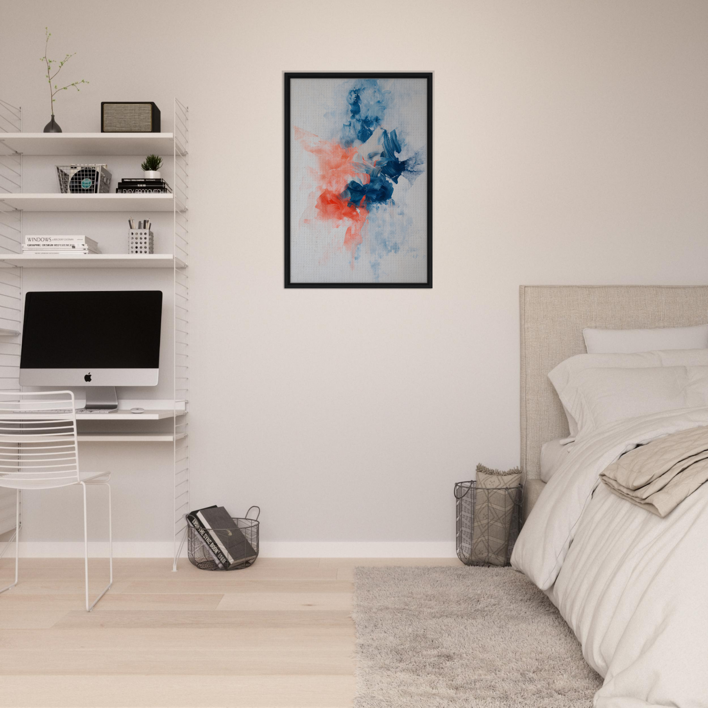 Abstract painting with blue and coral splashes in Flame Crafted Brilliance room decor