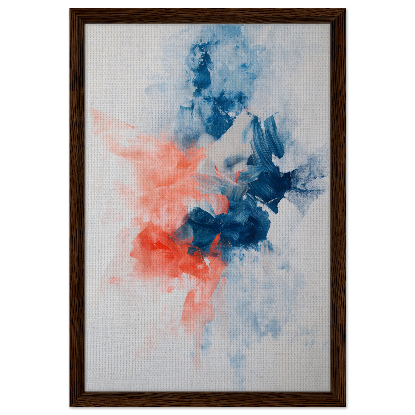 Abstract painting with swirls of blue and coral for Flame Crafted Brilliance room decor