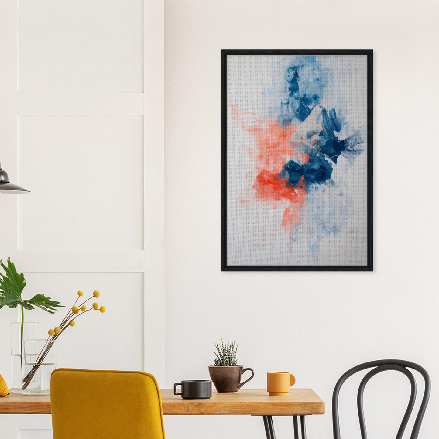 Abstract painting with blue and coral splashes in black frame, Flame Crafted Brilliance