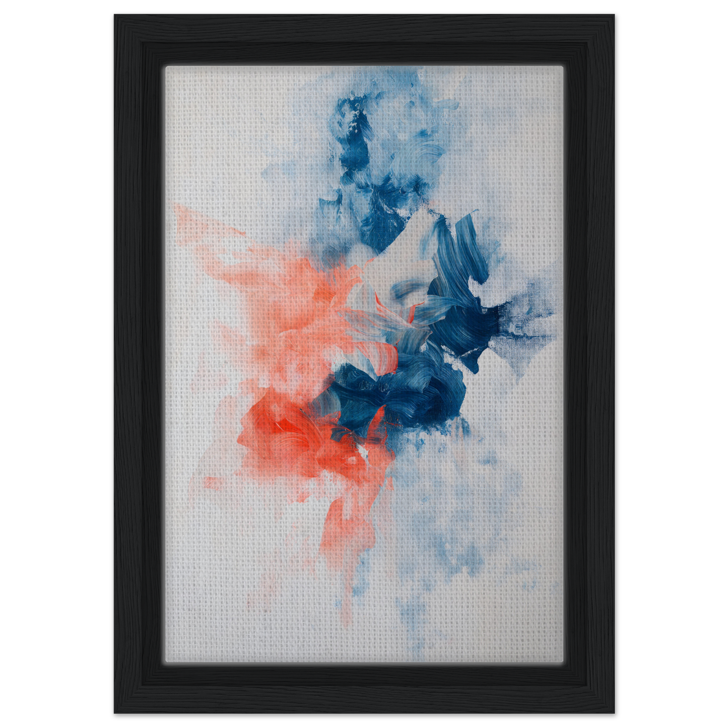 Abstract painting in blue and coral watercolors, framed canvas print, Flame Crafted Brilliance