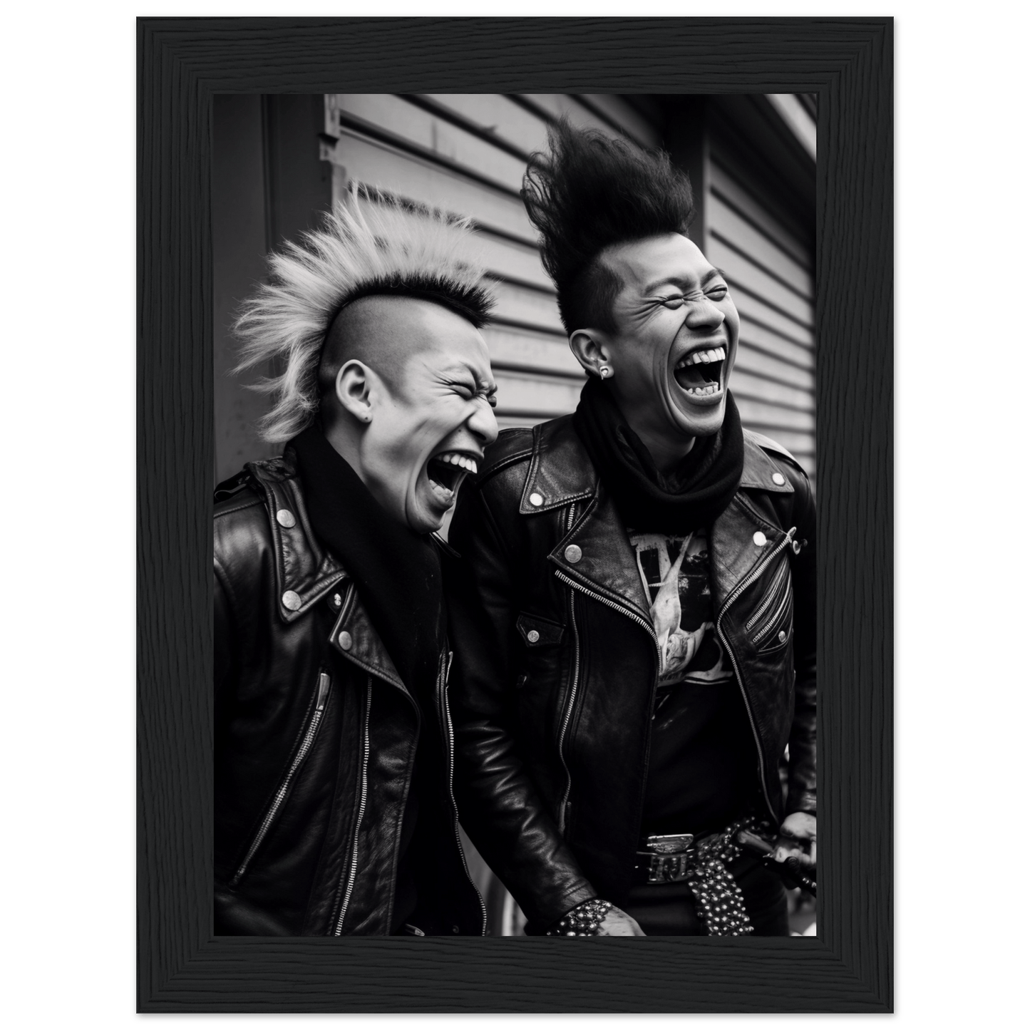 Two punk rockers with mohawks laughing exuberantly.