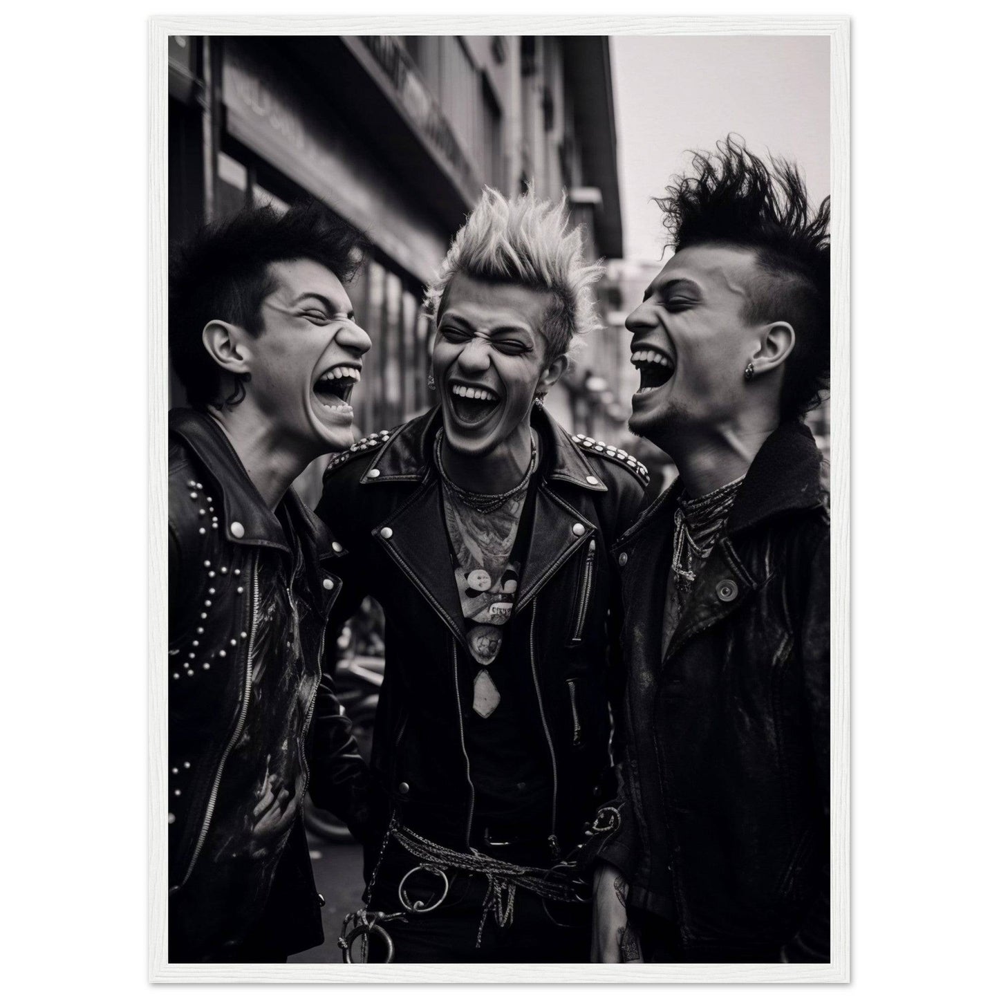 Three punk rockers laughing exuberantly together.