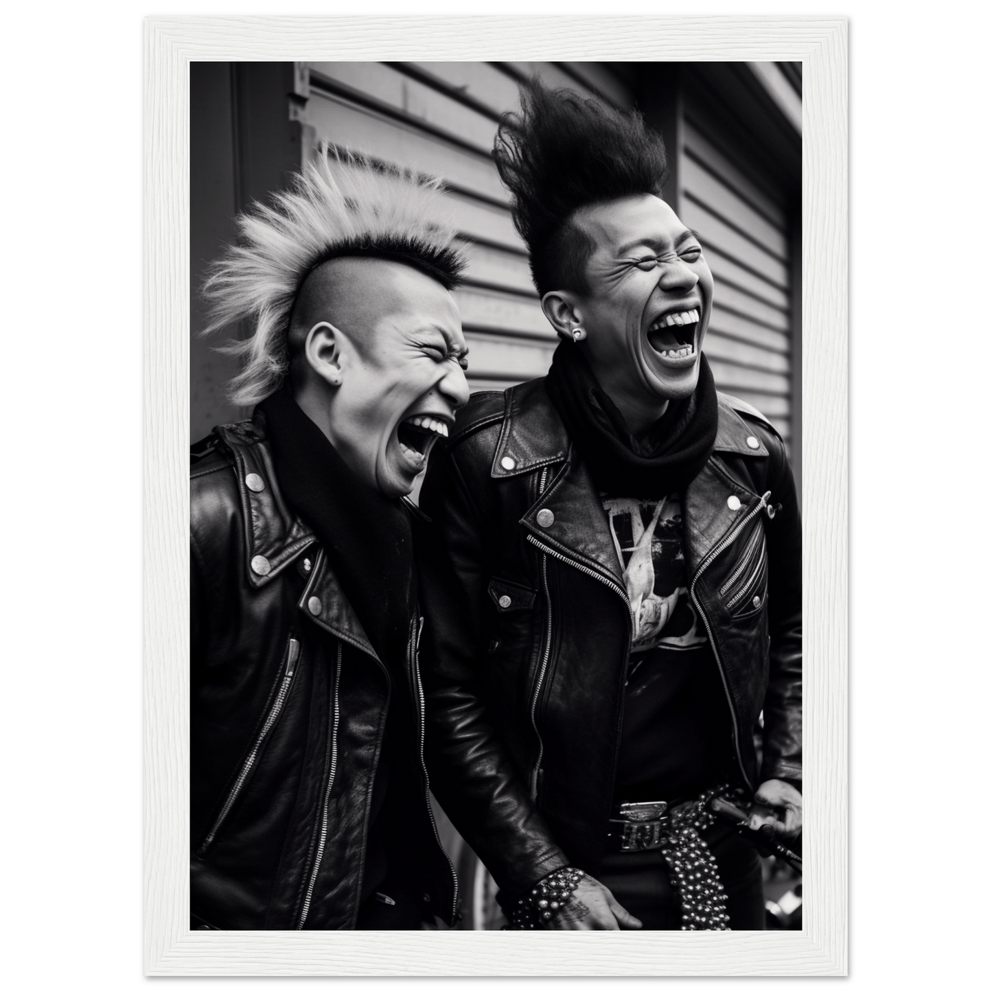 Two punk rockers with mohawks laughing exuberantly while wearing leather jackets.
