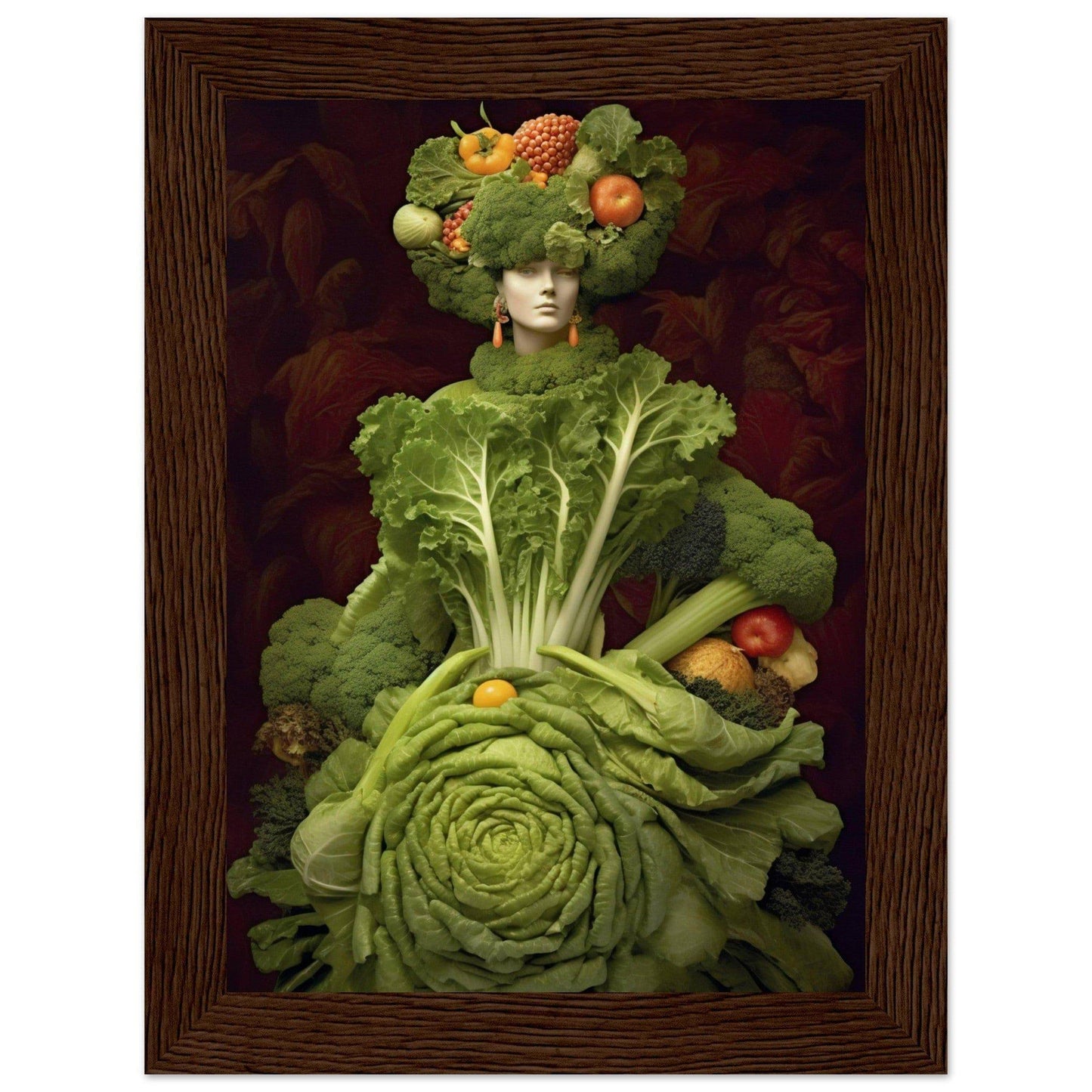 Surreal portrait composed entirely of various green vegetables and colorful fruits.