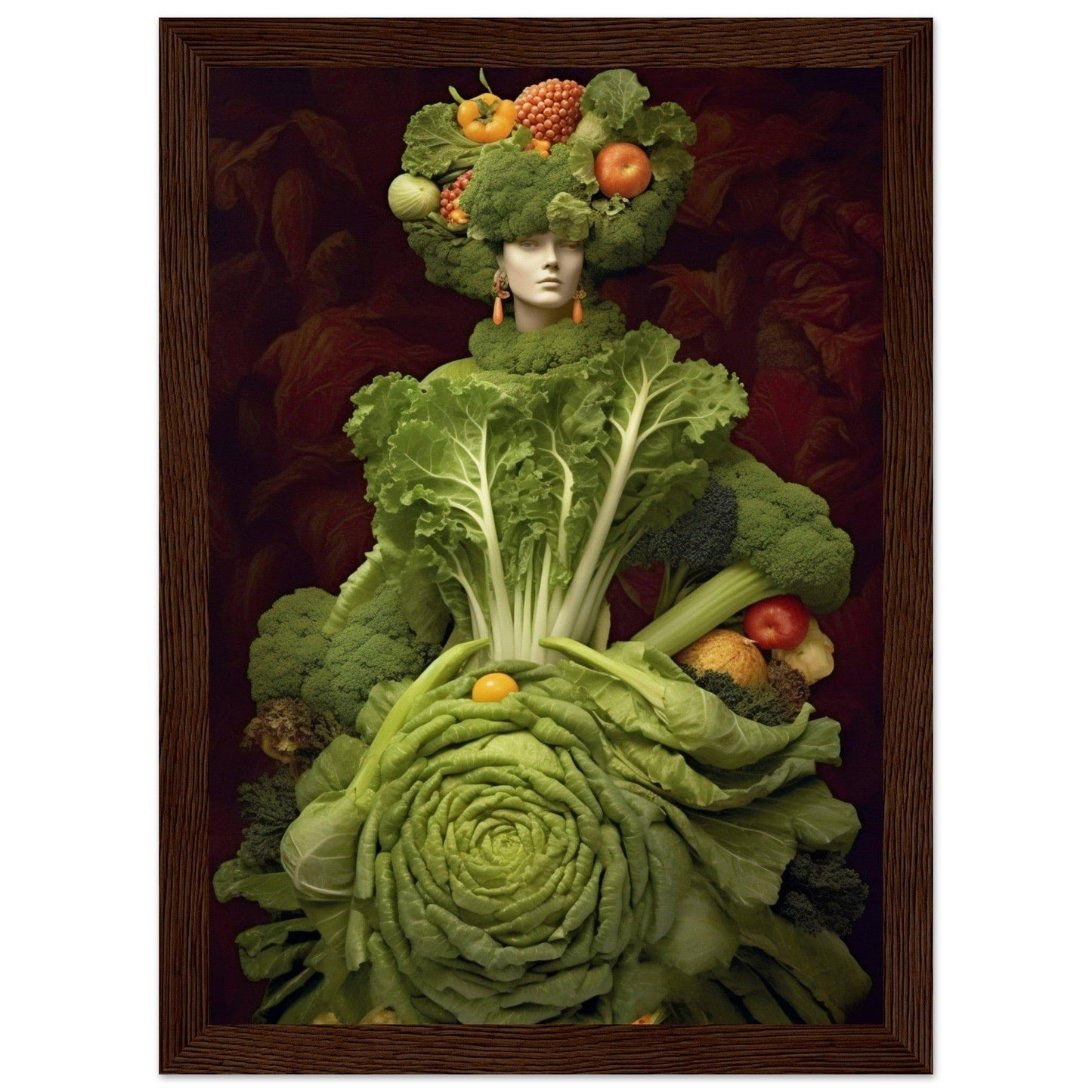 Surreal portrait composed entirely of various fruits and vegetables, primarily leafy greens.