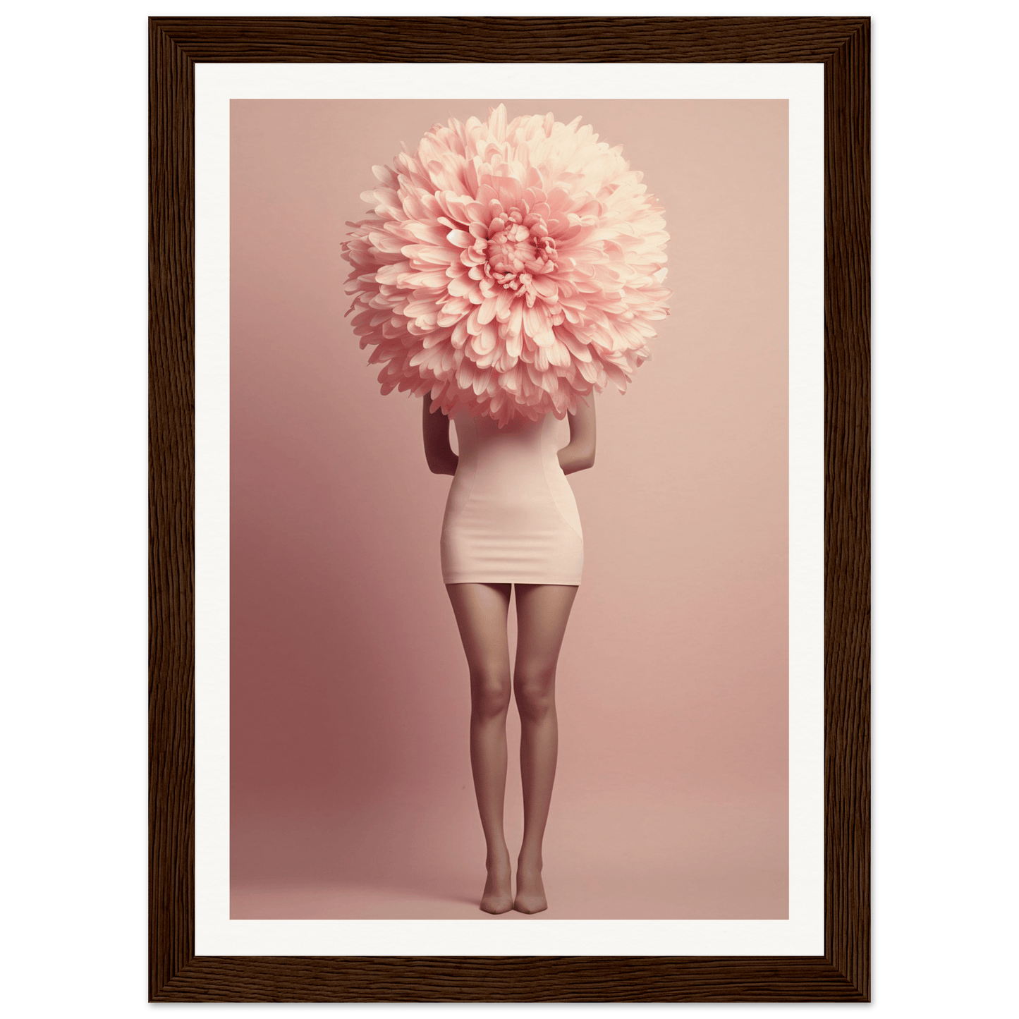 A person wearing a short white dress with an oversized pink flower covering their head and upper body.