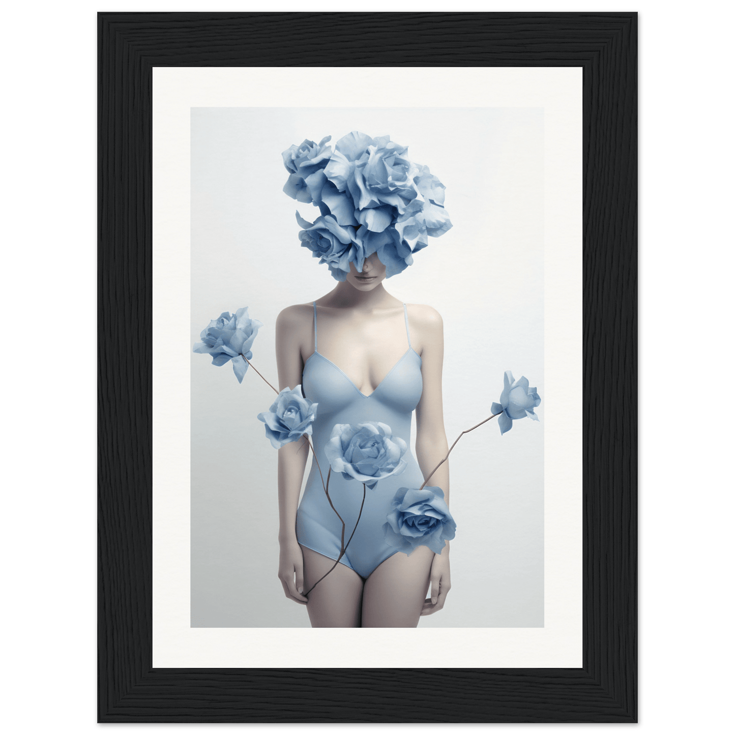 Surreal artwork depicting a figure with blue flowers for a head, wearing a pale blue bodysuit adorned with additional floral elements.
