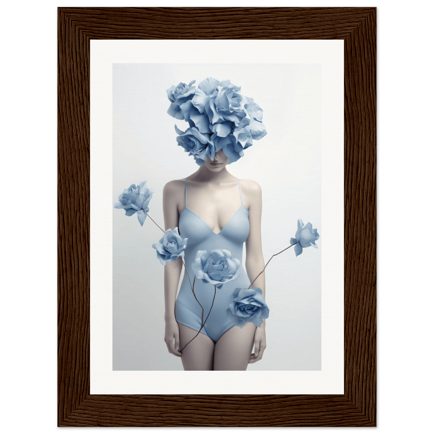 Surreal artwork depicting a figure with blue floral elements replacing the head and adorning the body.