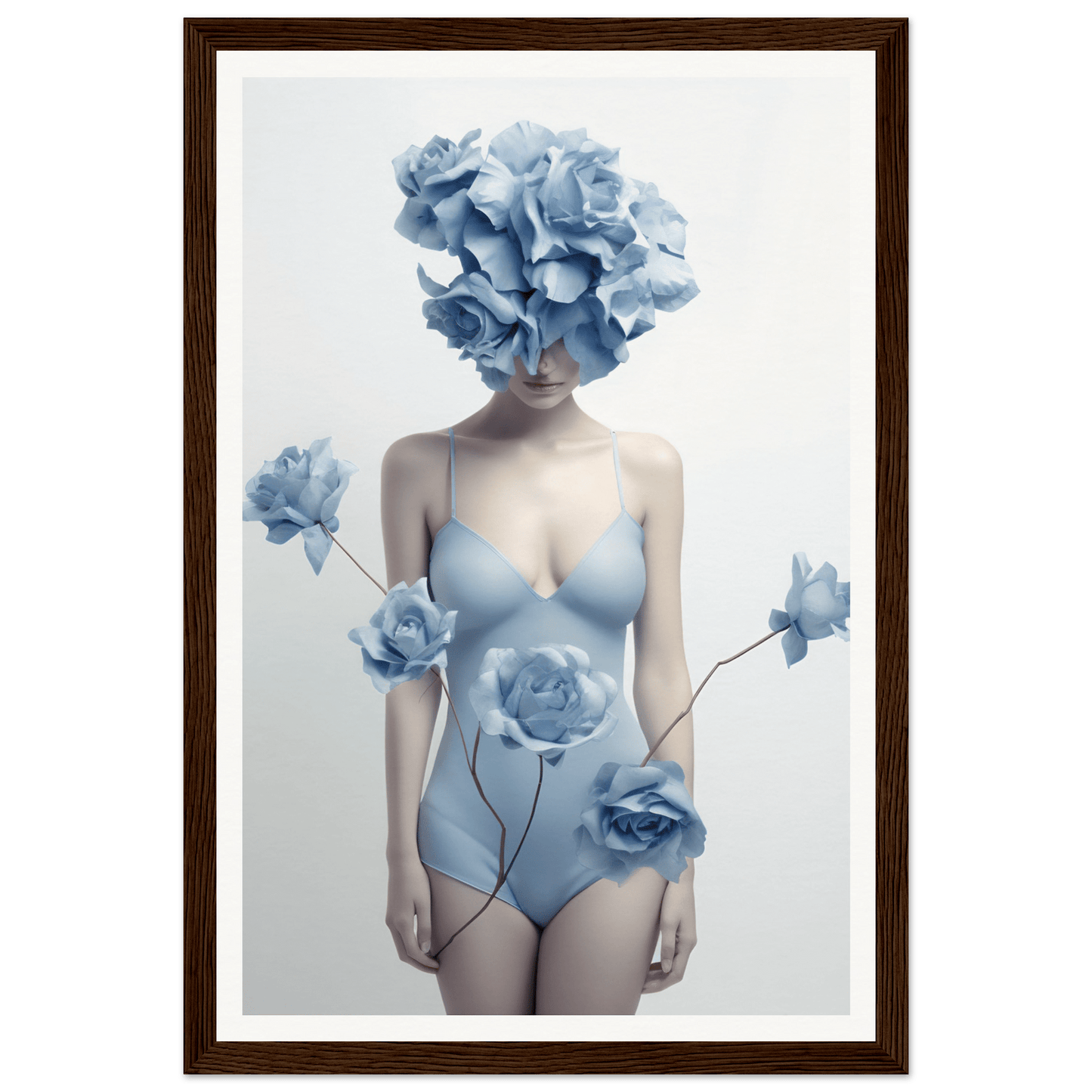 Surreal artwork depicting a feminine figure with blue floral elements obscuring the face and adorning the body.