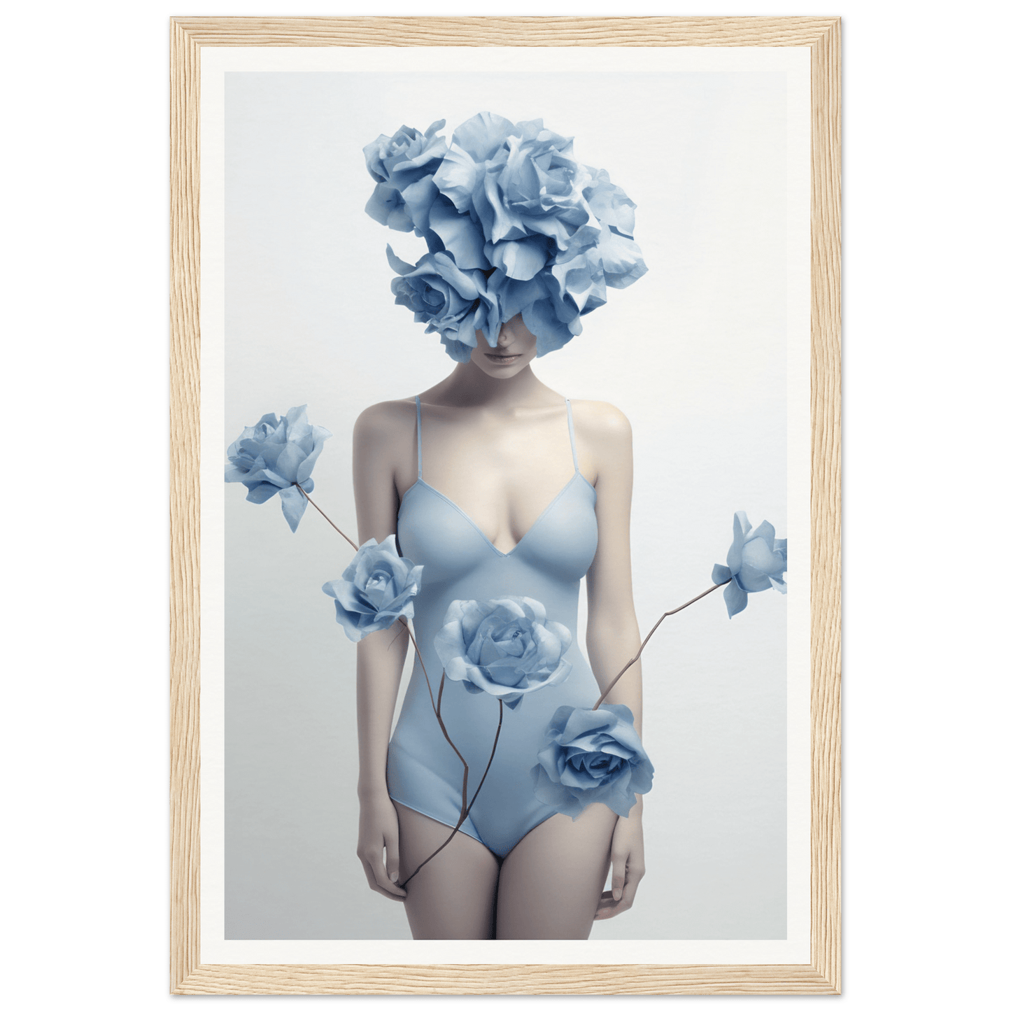 Surreal figure with blue floral elements covering the head and body in a pale bodysuit.