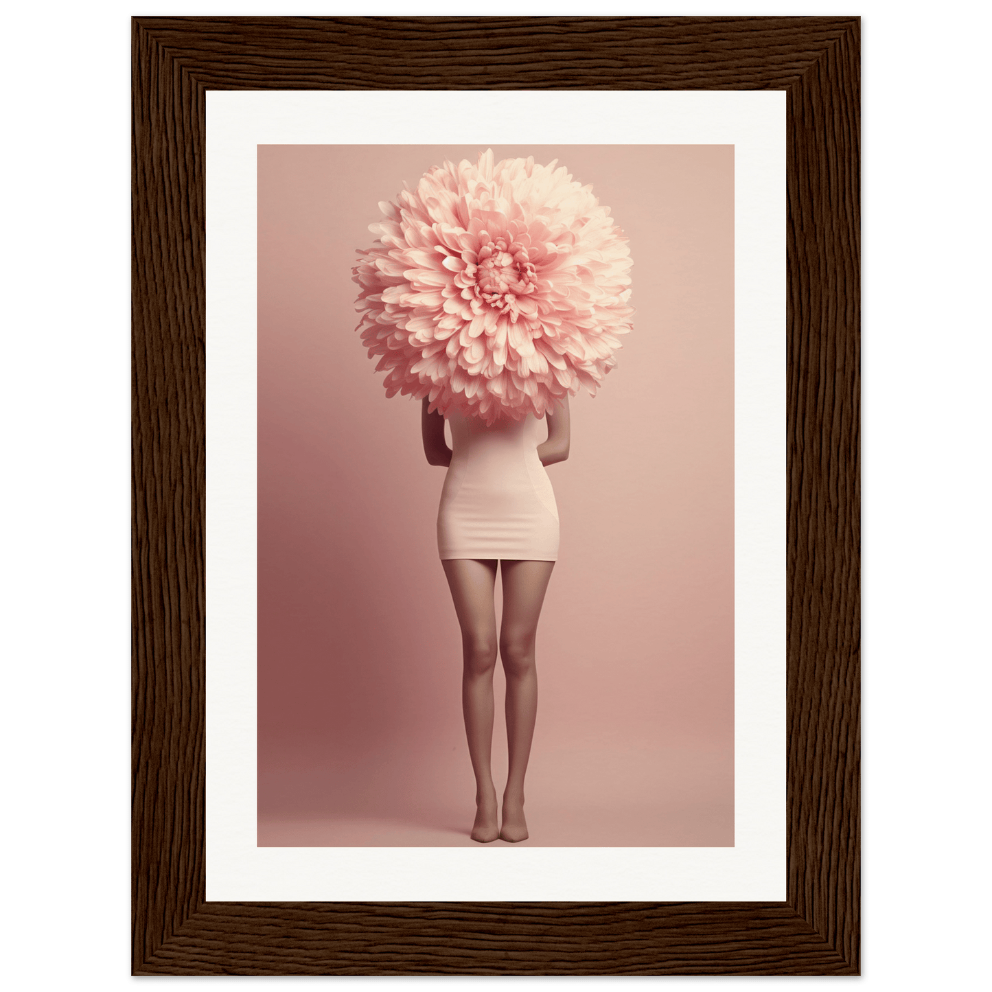 A person wearing a short white dress with an enormous pink flower obscuring their head and upper body.